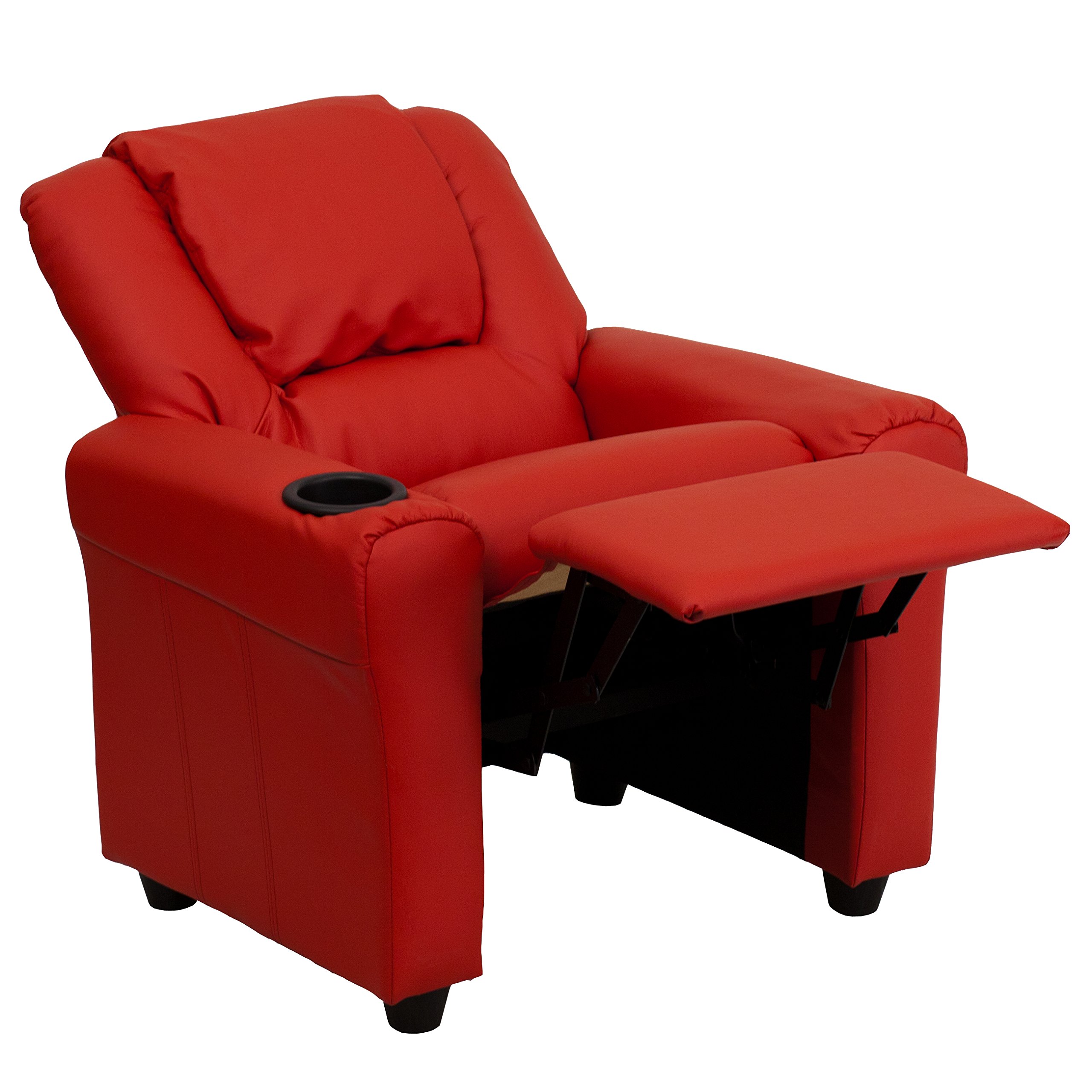 Comfy Red Vinyl Kids Recliner Chair with Cup Holder & Headrest - Perfect for Playrooms, Bedrooms & Movie Nights