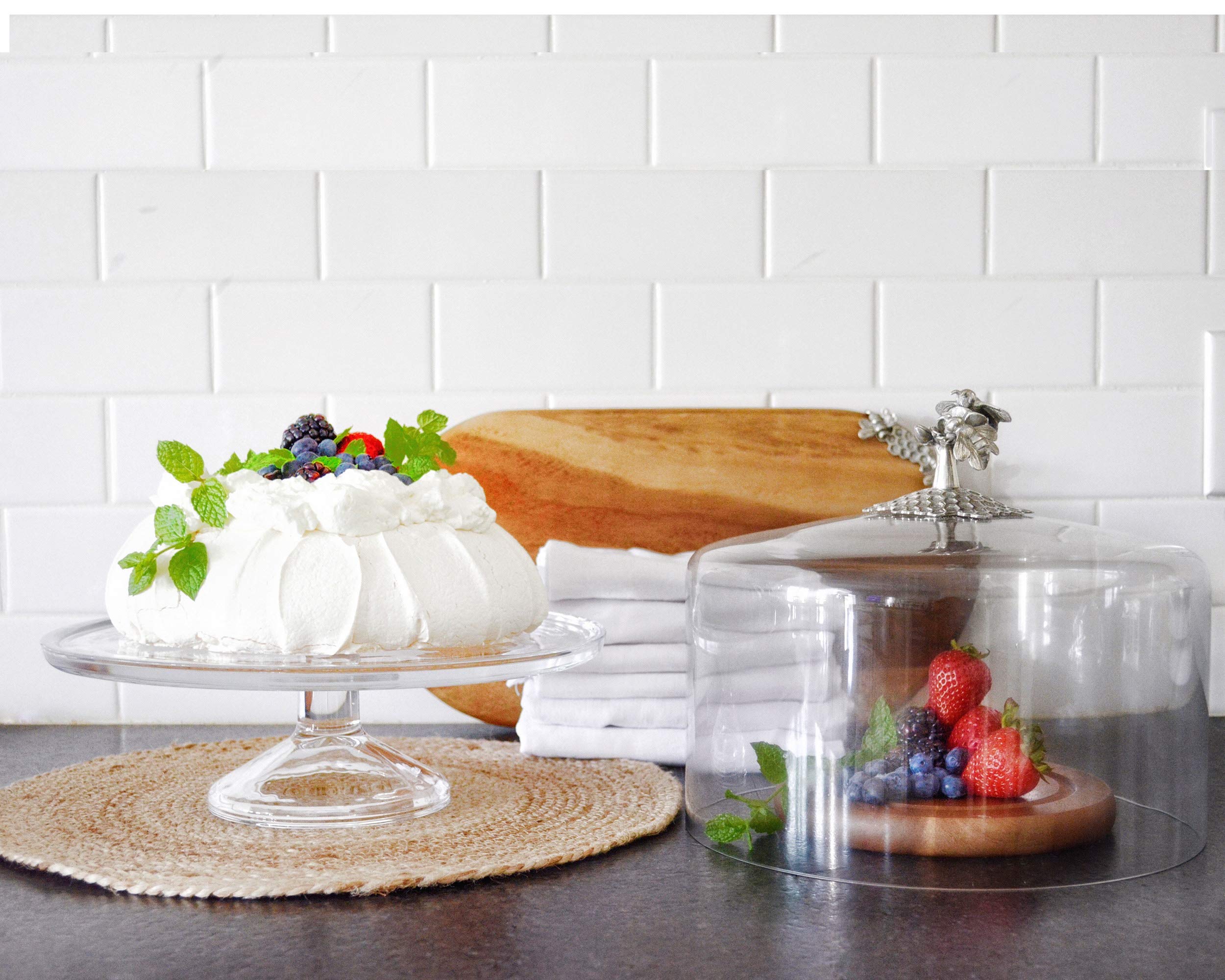 Handblown Glass Cake Stand with Dome Cover & Pewter Honey Bee Knob - 13