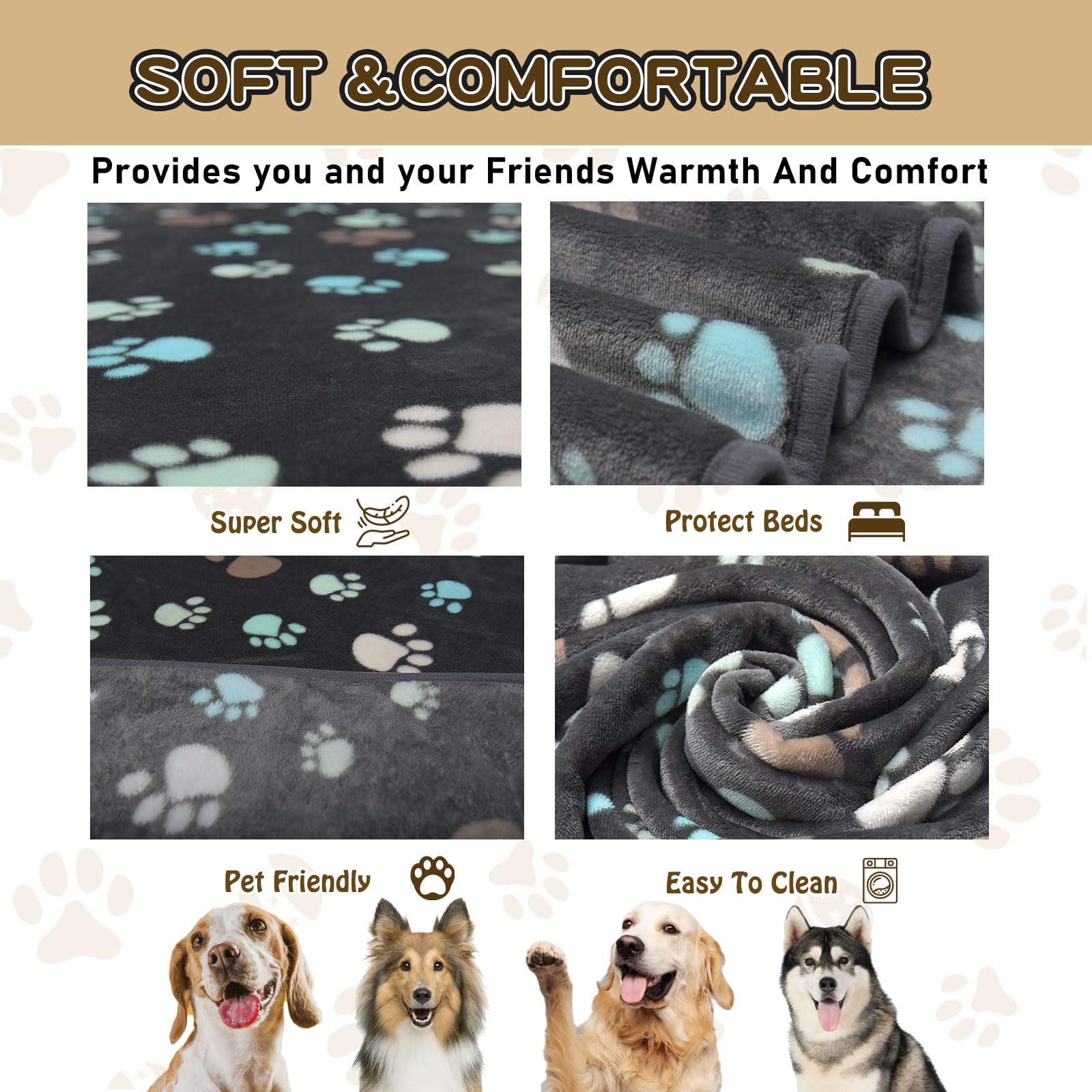**Large Dog Blankets 80x60 Inch - Soft Flannel Pet Blanket for Dogs & Cats, Washable Kennel Crate Cover with Cute Paw Print - Grey Cozy Throw for Beds, Sofas & Travel**