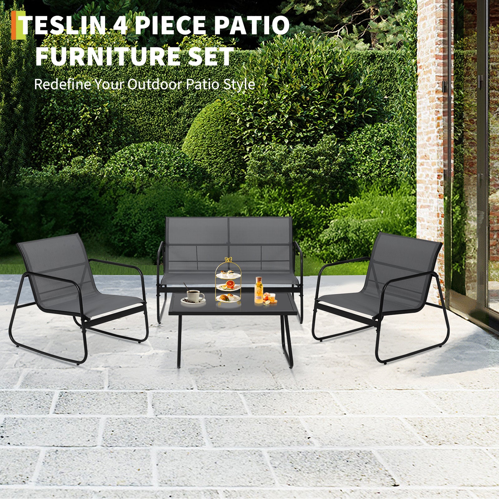 GARVEE 4-Piece Outdoor Patio Furniture Set with Glass Coffee Table - Heathered Grey Fabric & Black Frame - Perfect for Garden, Poolside, Lawn or Backyard Relaxation