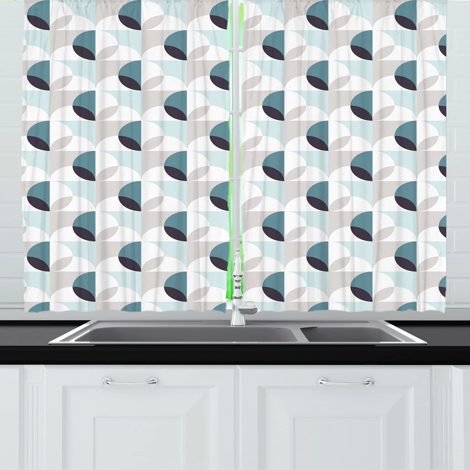 Ambesonne Abstract Geometric Kitchen Curtains - Modern Circles & Ovals Overlap Design, 2 Panel Rod Pocket Drapes, 55
