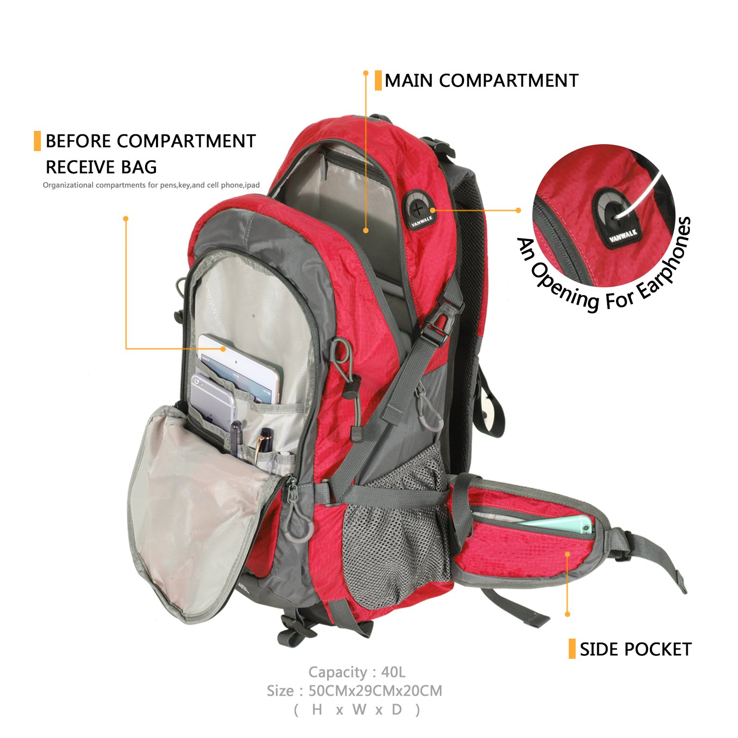 40L Lightweight Water-Resistant Hiking Backpack - Durable Packable Daypack for Men & Women - Perfect for Outdoor Adventures, Camping, and Travel