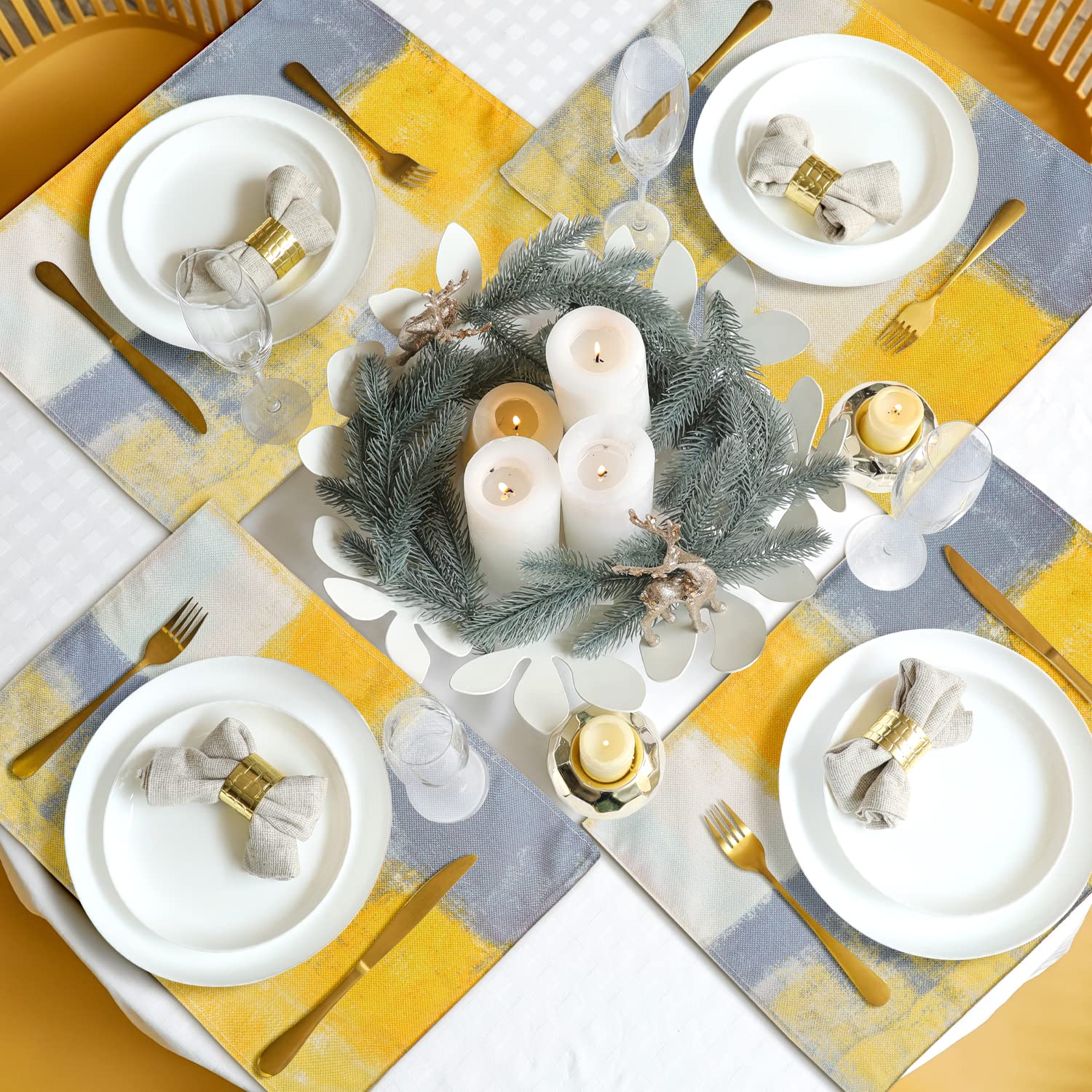 Modern Abstract Art Placemats Set of 4 - Yellow & Grey Non-Slip Heat Resistant Dining Mats - 18