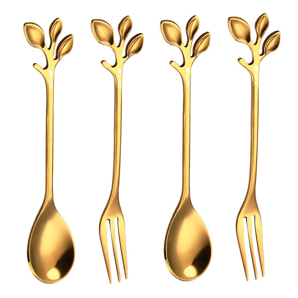 HASTHIP® 4-Piece Stainless Steel Gold Leaf Spoon and Fork Set - 4.7 Inch Coffee Spoon, Dessert Fork, Cutlery for Kitchen & Tableware - Perfect for Coffee, Desserts, Appetizers & Fine Dining (2 Spoons + 2 Forks, Gold)