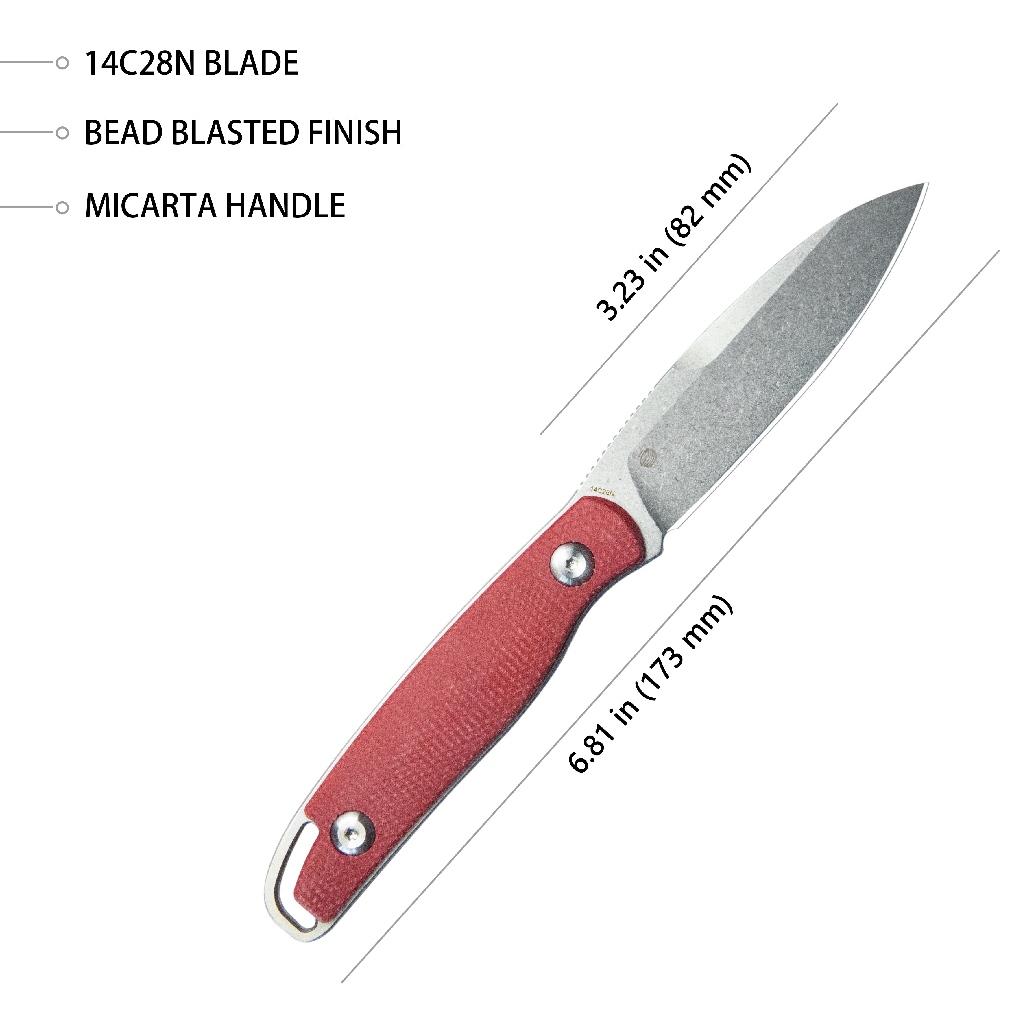 Kubey Dust Devil Utility Knife - Fixed Blade with Red Micarta Handle, 3.23'' Bead-Blasted 14C28N Steel (KU357B) - Perfect for Camping, Hiking & Outdoor Survival