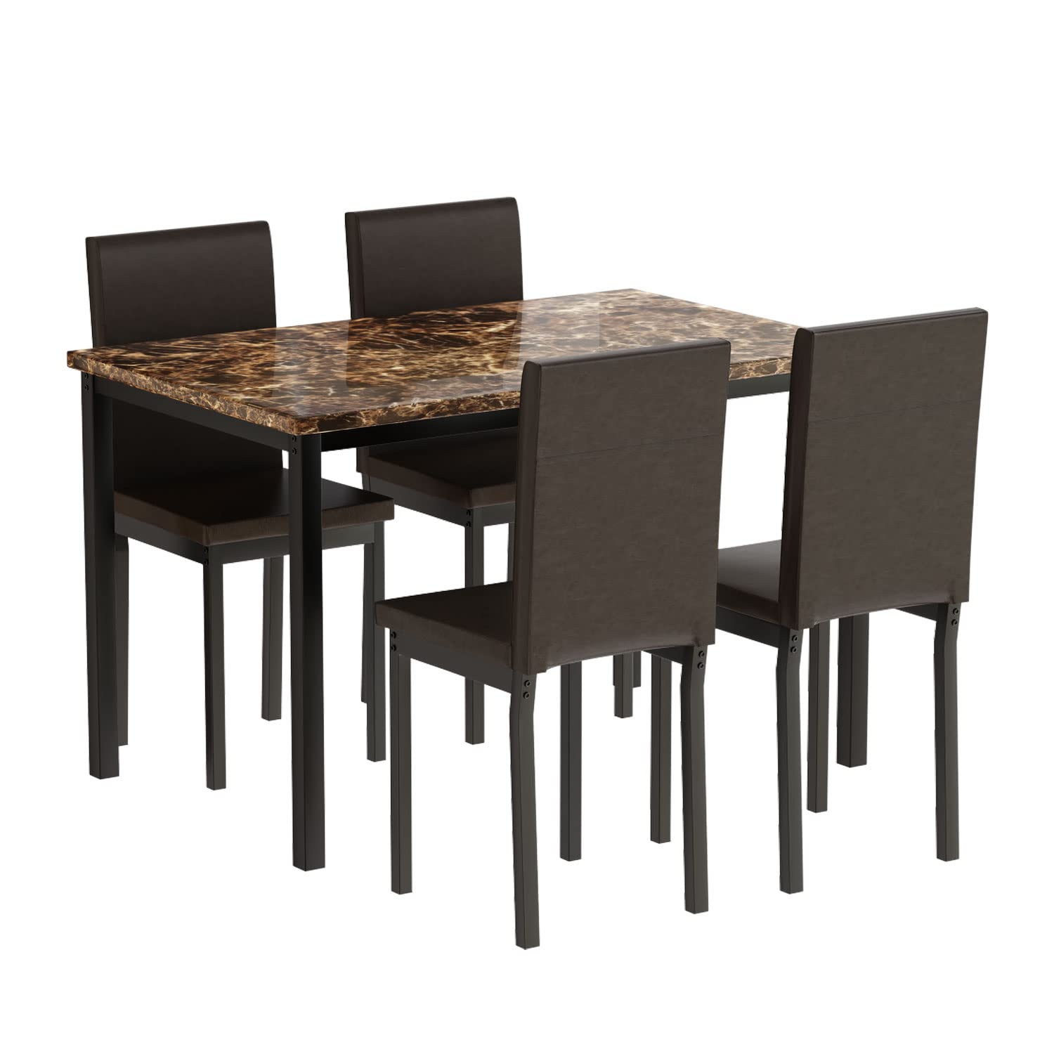 Kipat 5-Piece Dining Table Set with Marble Top & 4 Faux Leather Chairs - Modern Kitchen Table Set for Breakfast Nook, Dining Room & Small Space (Black) | Perfect for Family Gatherings & Dinner Parties