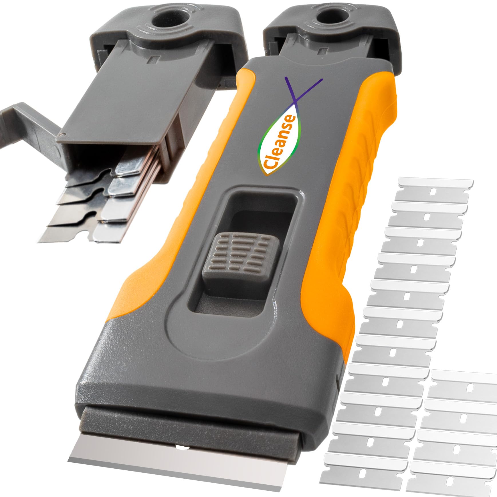 15-Pack Razor Blade Scraper Tool for Glass Cleaning - Heavy Duty Stainless Steel Scraper for Oven Doors, Glass Stovetops, Paint Removal & Window Cleaning - Includes Extra Blades (Gray)