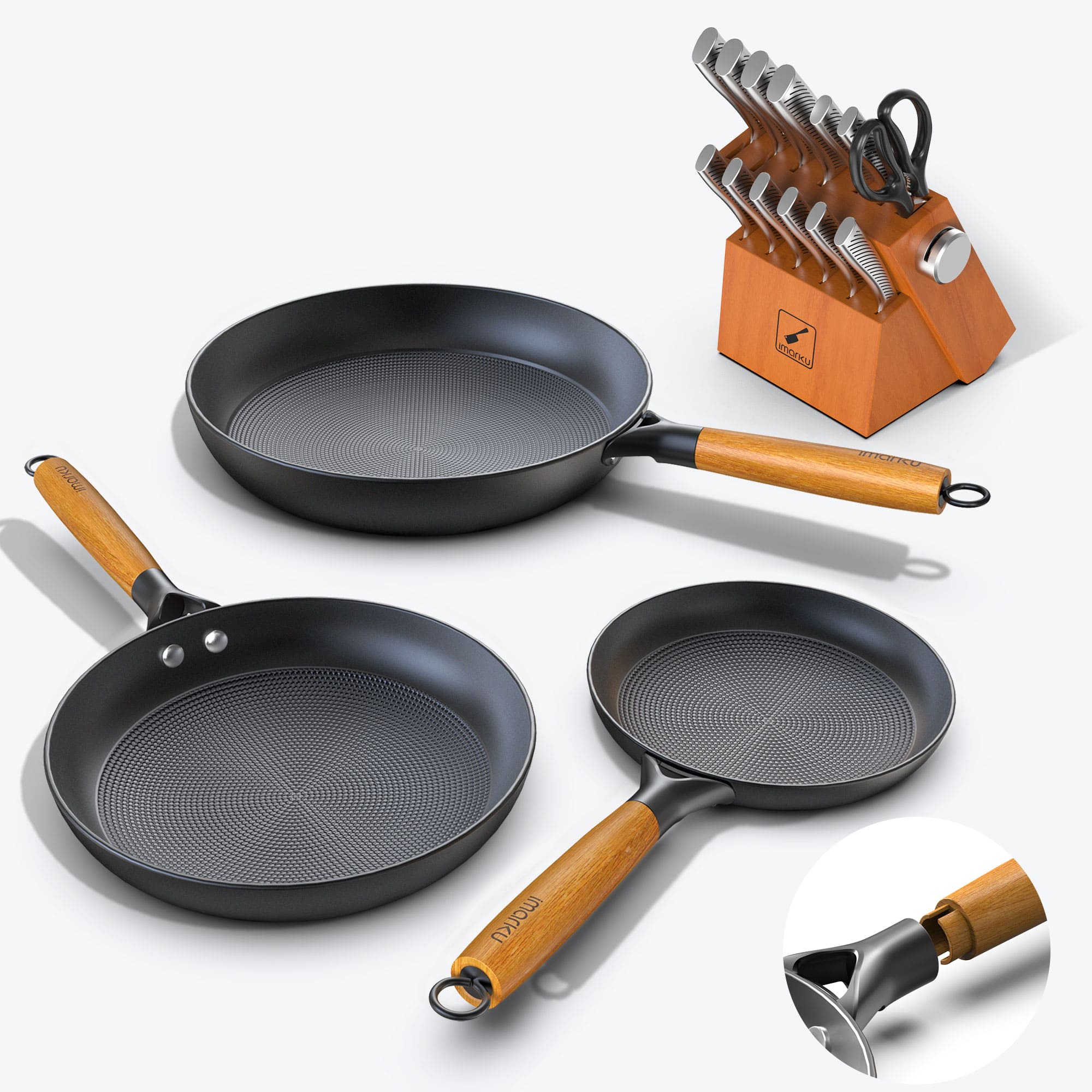3-Piece Cast Iron Fry Pan Set & 14-Piece Stainless Steel Knife Set Bundle - Perfect for Home Cooking, BBQ, and Professional Kitchen Use