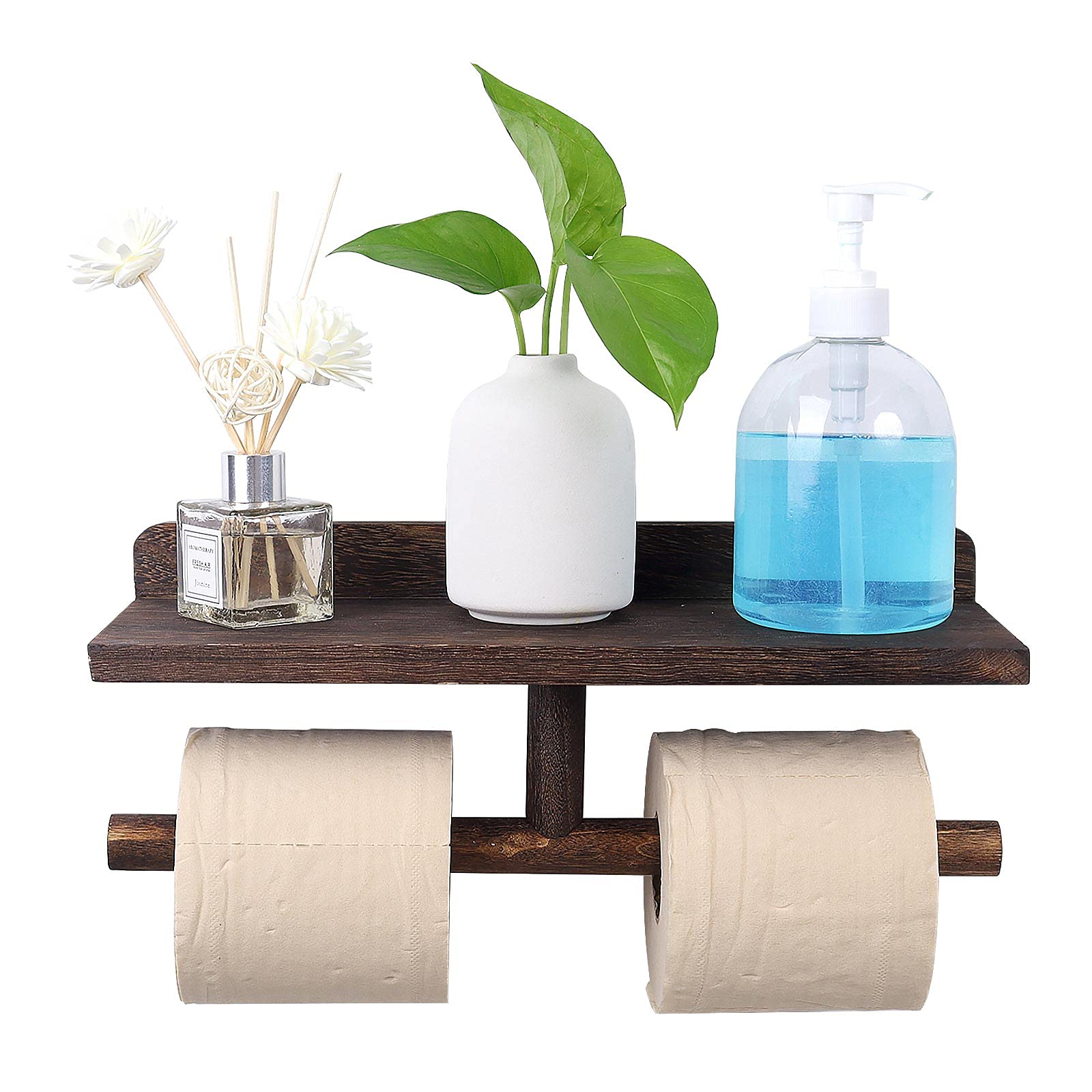 Farmhouse Style Wooden Toilet Paper Holder - Wall Mounted Double Roll Tissue Dispenser with Phone Shelf for Bathroom & Washroom - Rustic Home Decor (Black) | Perfect for Small Spaces, Vanity Organization & Farmhouse Style Bathrooms