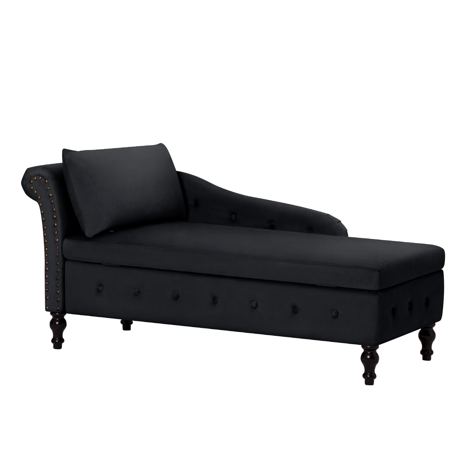 Luxury Velvet Upholstered Chaise Lounge with Left Armrest & Lumbar Support - Button Tufted Modern Lounge Sofa with Storage - Comfortable Living Room, Bedroom & Office Lounge Chair (Black) - Perfect for Relaxing, Reading & Small Space Decor