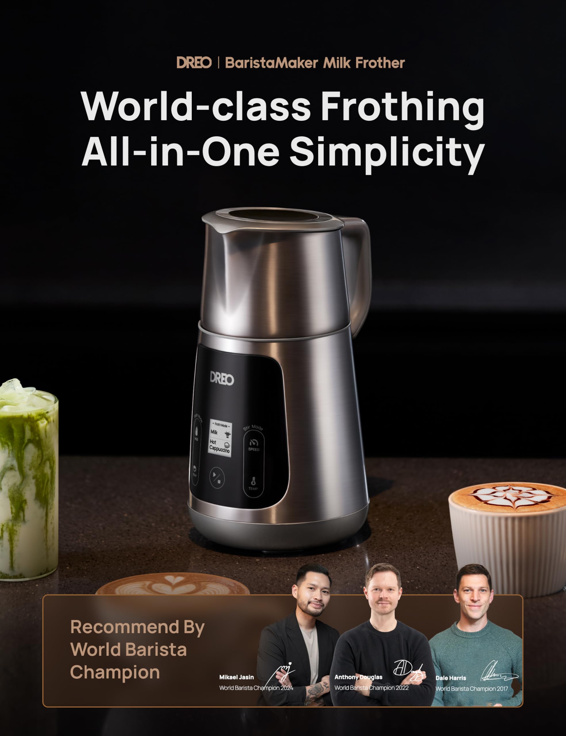 Dreo All-in-1 BaristaMaker Electric Milk Frother and Warmer - 15oz/450ml Automatic Coffee Frother for Latte Art, Cappuccino, Hot Chocolate - Works with Dairy & Plant-Based Milk - Dishwasher Safe - Perfect for Home Baristas, Coffee Shops & Office Use