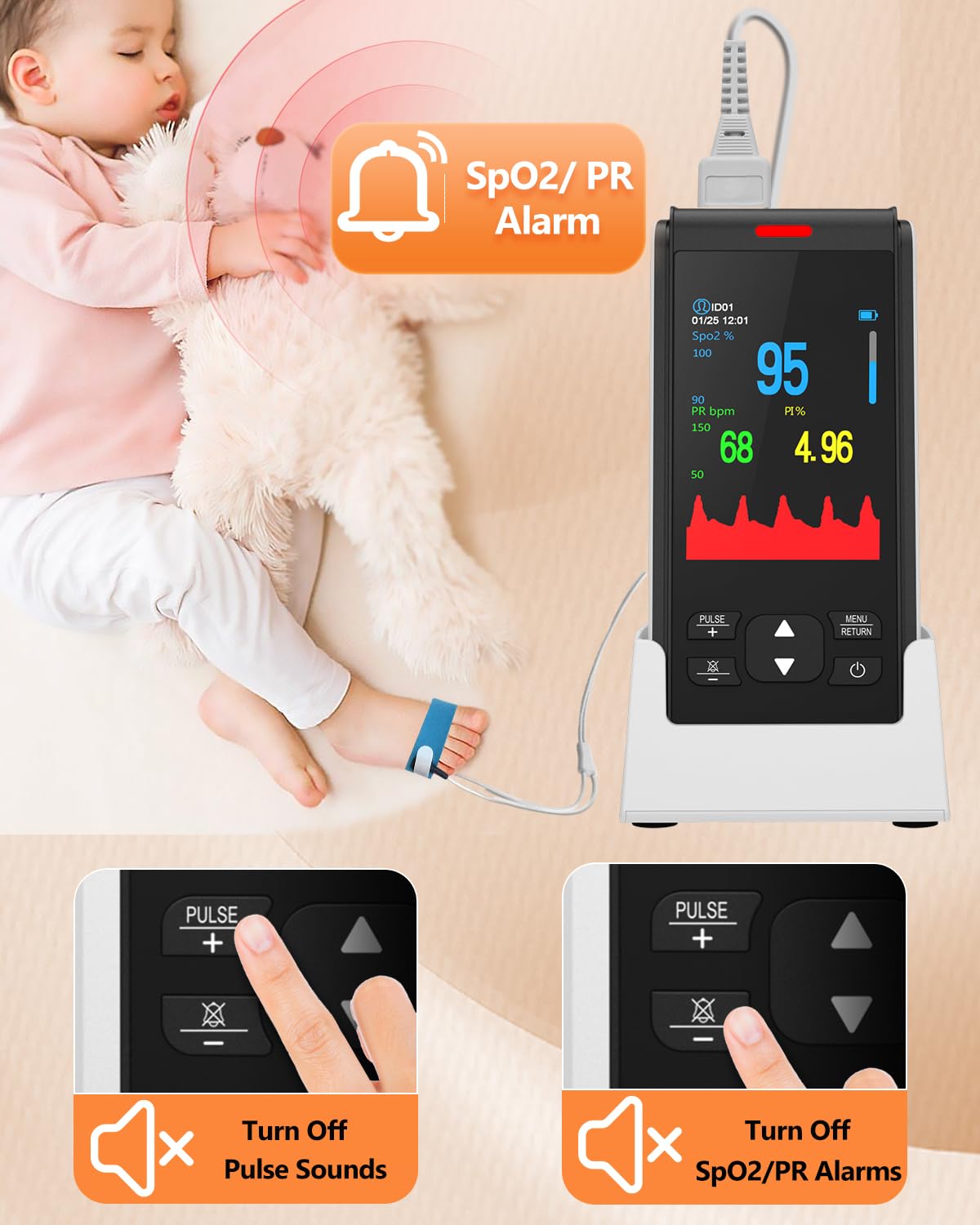 HealthTree Rechargeable Fingertip Pulse Oximeter for Adults & Babies - Continuous Oxygen Monitor with Overnight Tracking & Alarm - Perfect for Home Use, Sleep Monitoring, and Fitness Tracking