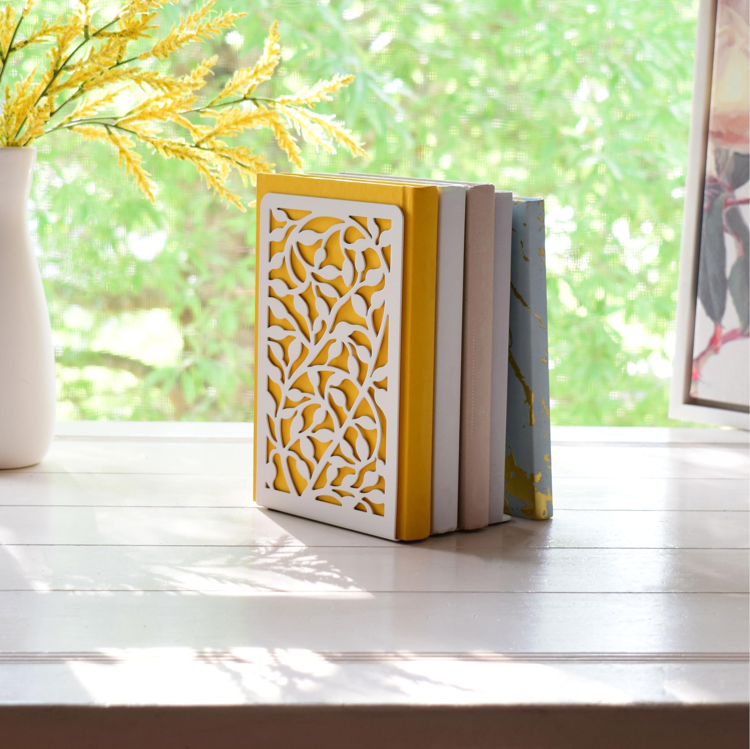 Decorative Metal Bookends Set of 4 - Heavy Duty Book Holders for Shelves, Cute Boho Style Bookend Stoppers - Perfect for Cookbooks, Office & Home Bookshelf Organization (White)