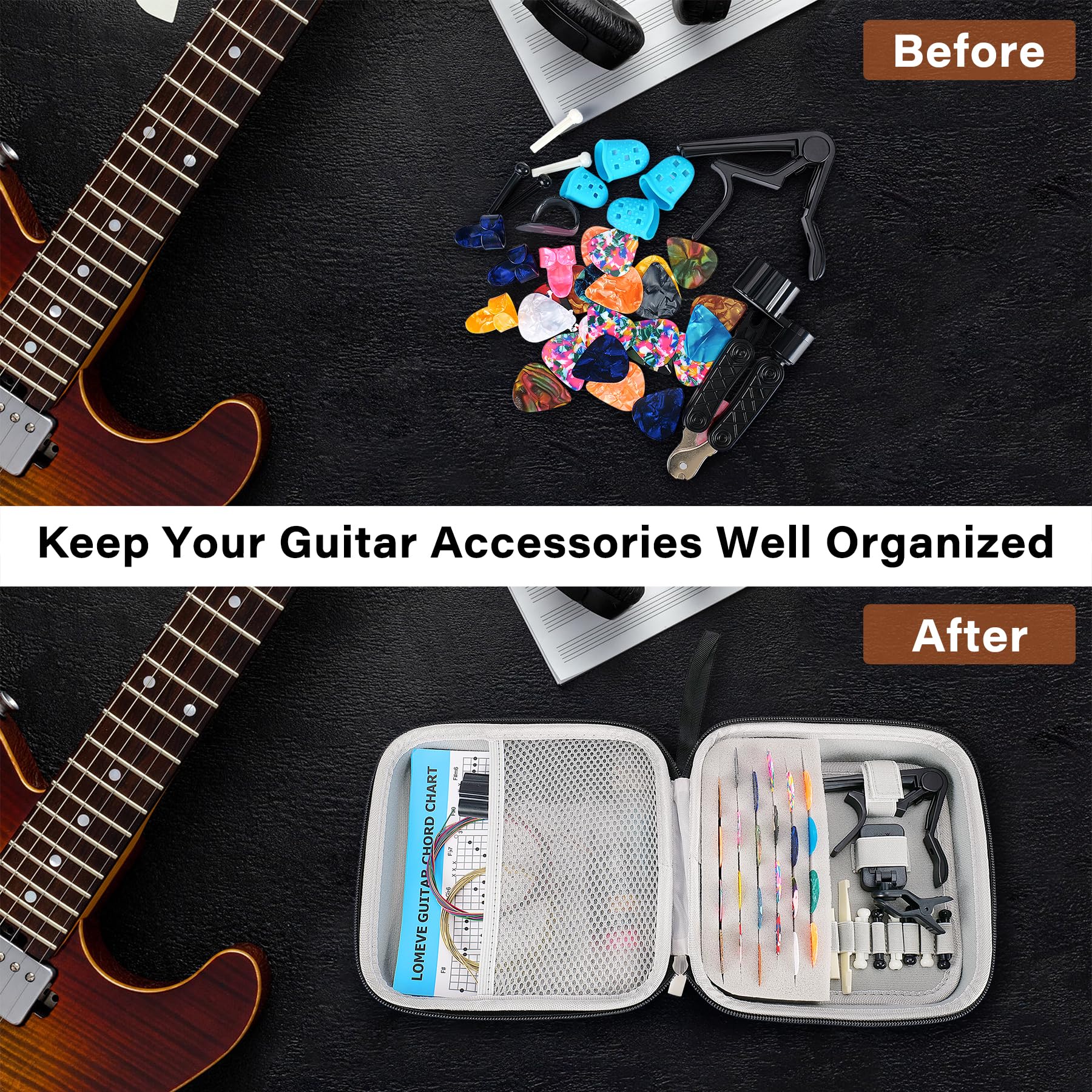 85PCS Guitar Accessories Kit with Case - Includes Acoustic Strings, Tuner, Capo, 3-in-1 Restring Tool, Picks, Pick Holder, Bridge Pins, Nuts & Saddles, Finger Protector & Chord Chart - Perfect for Guitar Maintenance, Practice & Travel