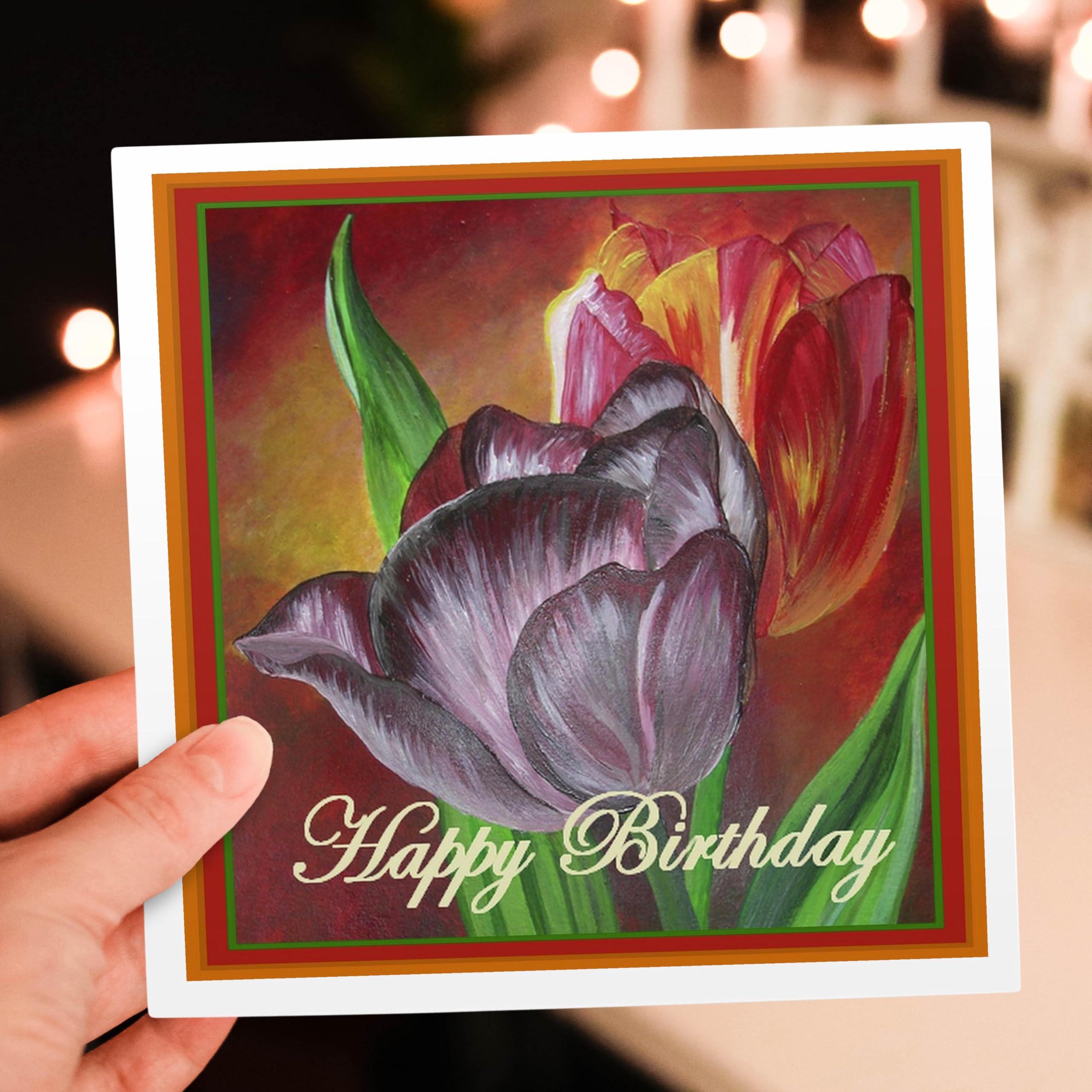 Beautiful Floral Birthday Greeting Card with Realistic Tulip Still Life Design - Perfect for Birthday Wishes, Anniversaries & Special Occasions