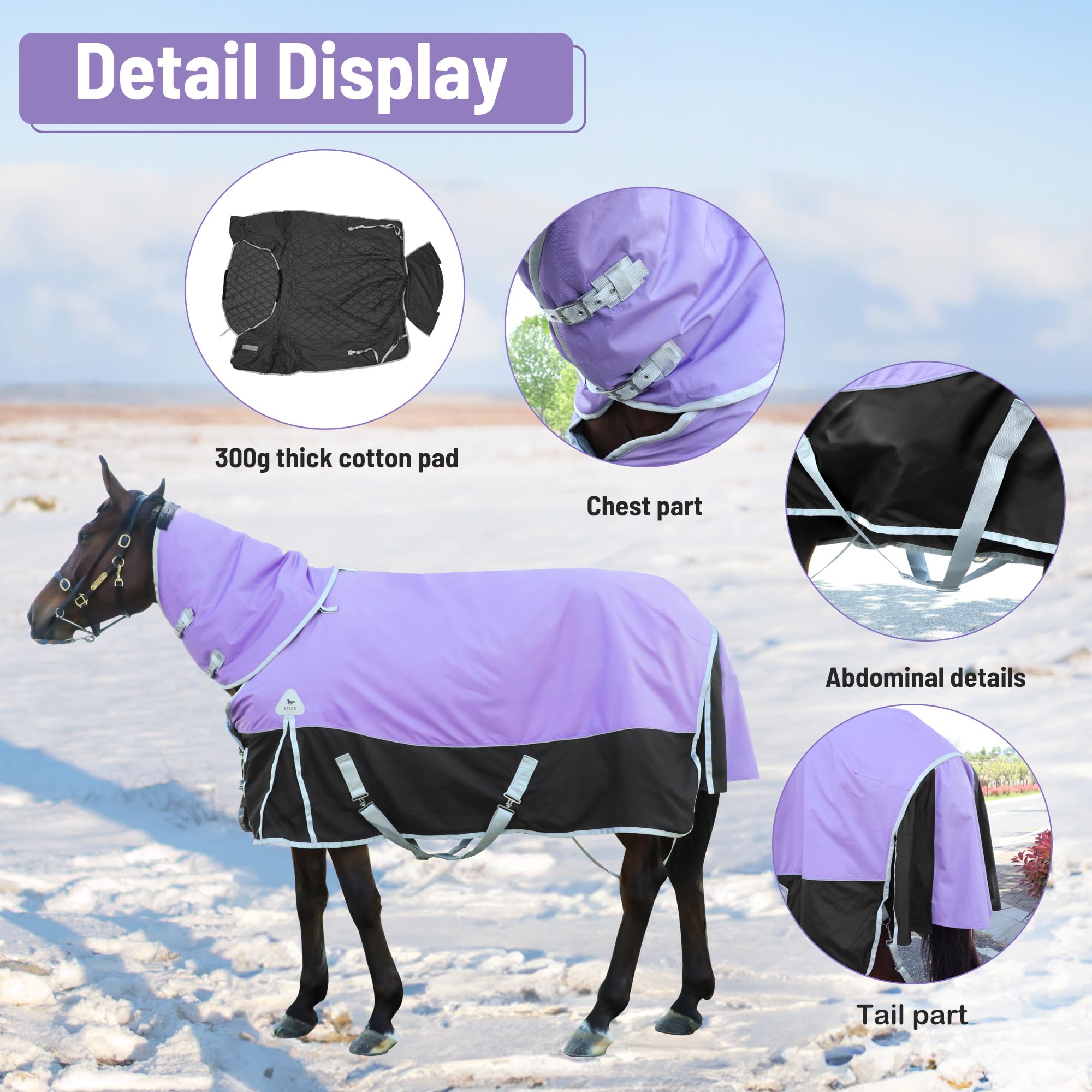 1600D Waterproof Winter Horse Blanket with 400g Warm Cotton Filling - Medium Weight Turnout Blanket (81 inches) for Cold Weather Riding and Stable Use