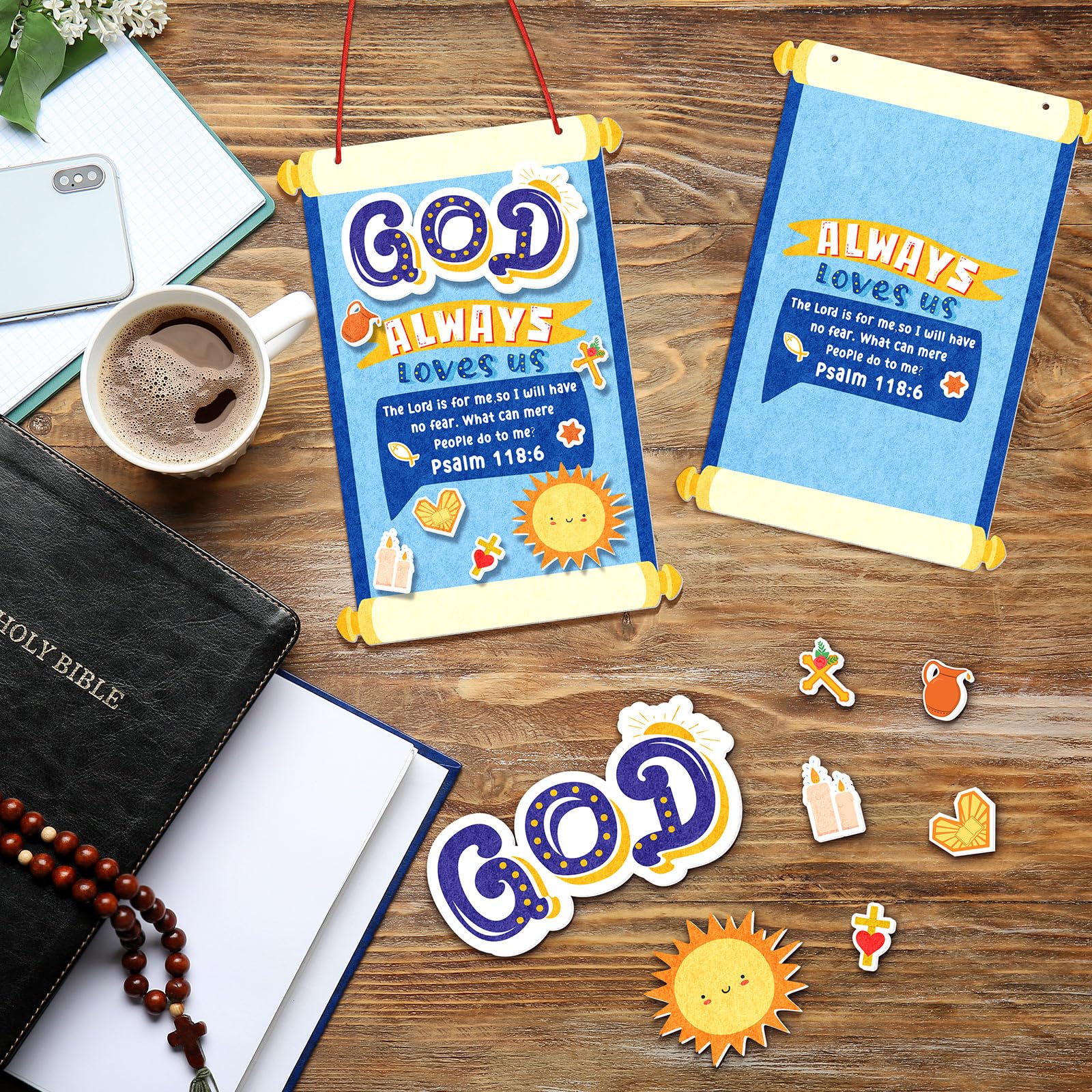 Peryiter 24 Pcs Christian DIY Felt Bible Crafts Kit - God Always Love Us Religious Scroll Art Supplies for Home, Church & Sunday School Activities | Perfect for Bible Study, Kids Crafts & Religious Gift Making