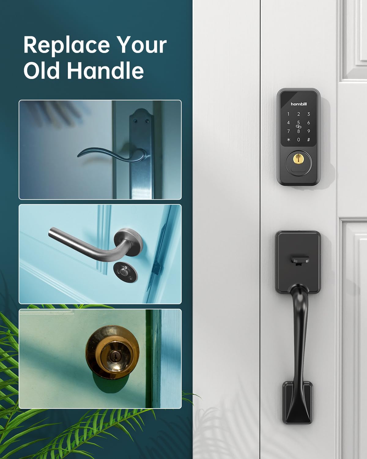 Hornbill Smart Keyless Entry Door Lock with Handle - Electronic Keypad Deadbolt, Bluetooth APP, Keyfob & Auto Lock - Matte Black - Alexa Compatible Front Door Handle Set for Home Security & Smart Home Automation