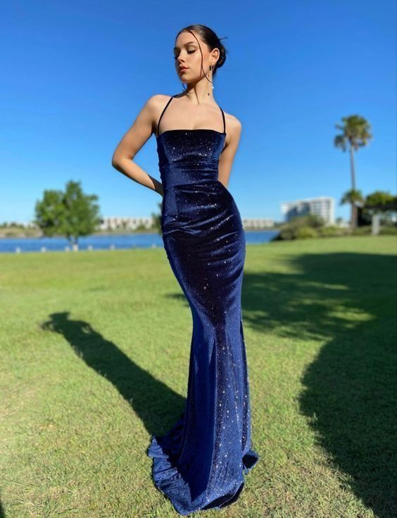 Elegant Navy Blue Velvet Sheath Long Prom Dress 2303 | Formal Evening Gown for Homecoming, Ball & Special Occasions
