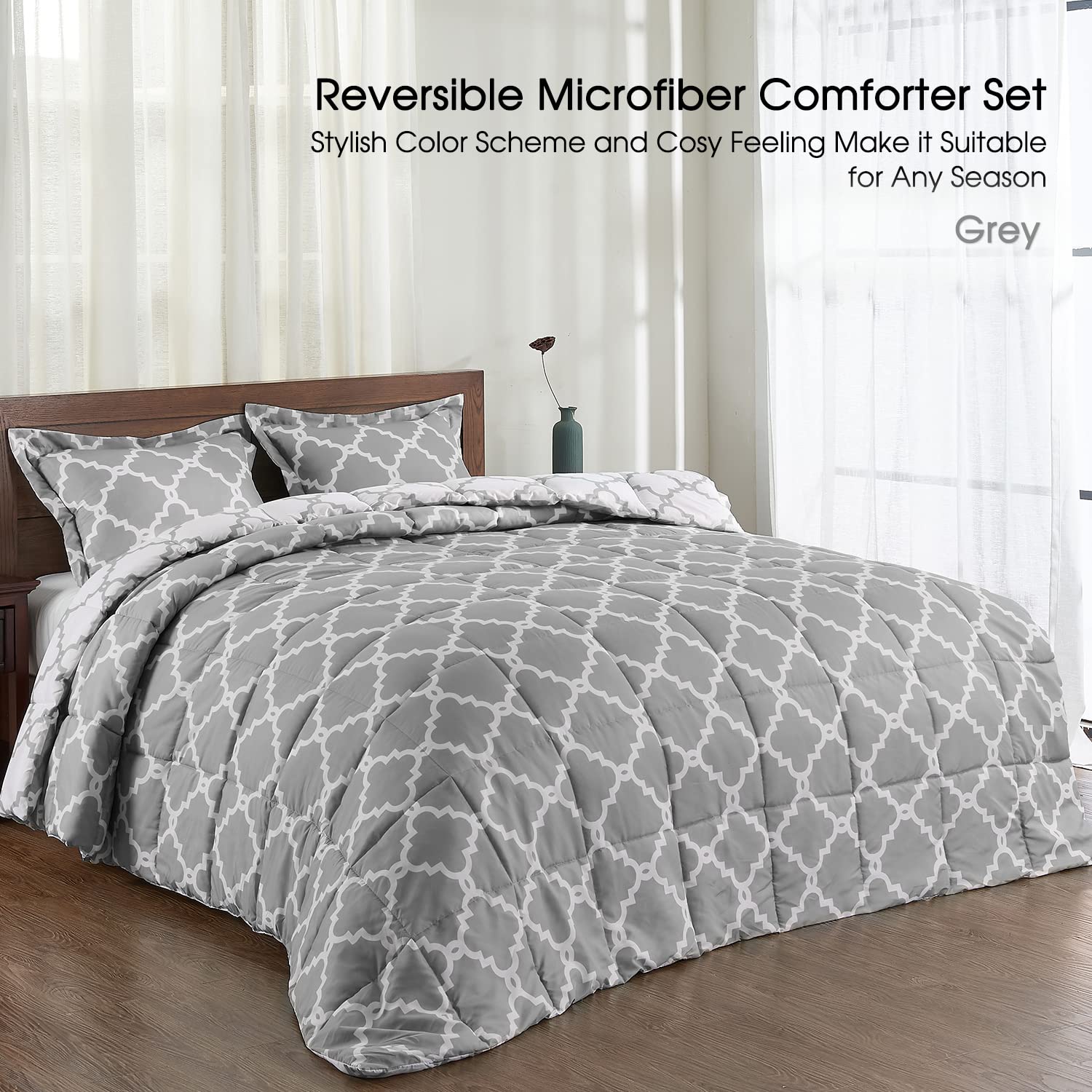 Basic Beyond Twin Comforter Set - Reversible All-Season Grey Comforter with Pillow Sham (66