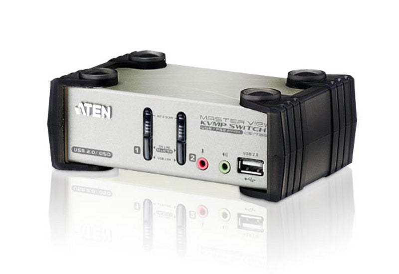 Aten CS1732B 2-Port USB KVMP Switch with USB 2.0 Hub, 2x1.2m USB KVM Cables - Audio Support, OSD, Hotkey & Push Button Control - Perfect for Home Office & Multi-Computer Workstations