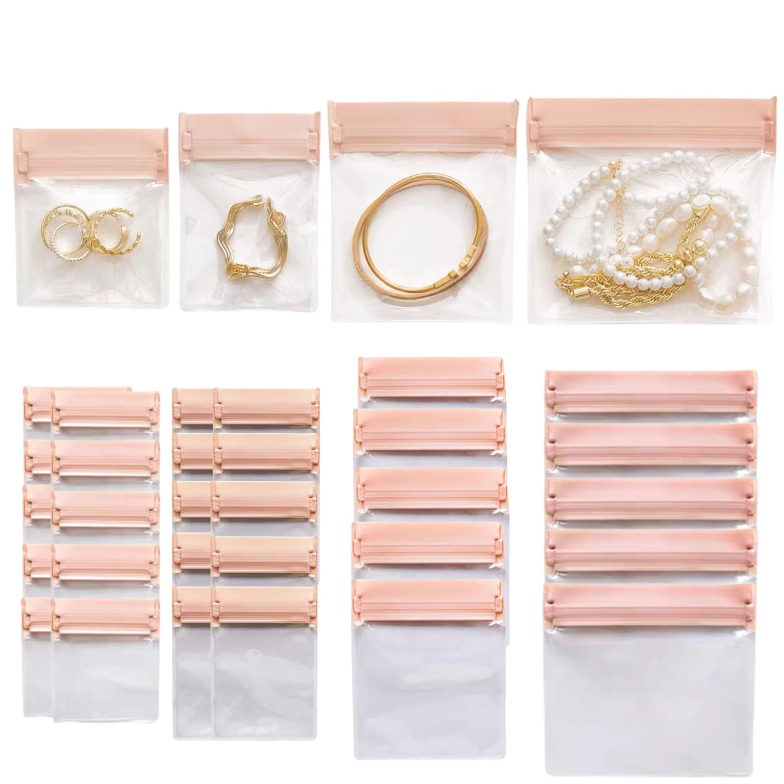 30 PCS Eva Jewelry Storage Bags - Anti-Tarnish Clear Plastic Ziplock Pouches for Necklaces, Rings, Watches & Bracelets (Resealable, Pink, Variety Sizes) - Perfect for Travel, Gifts & Jewelry Organization