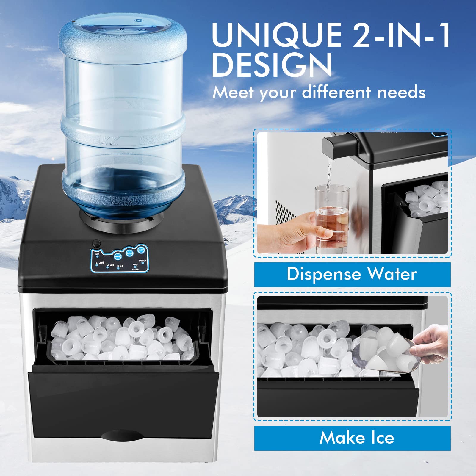 **PETSITE 2-in-1 Countertop Ice Maker & Water Dispenser – 48 LBS/Day, 3 Ice Cube Sizes, Fast 6-Minute Ice Making, Stainless Steel – Perfect for Home, Office, and Outdoor Use**