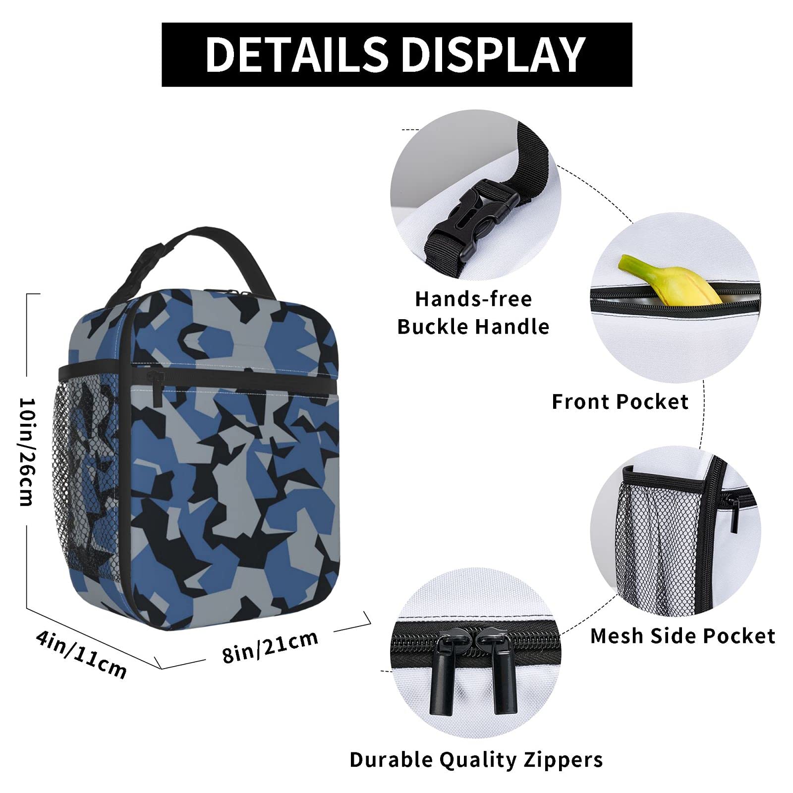 Blue Camo Insulated Lunch Bag - Reusable Leakproof Cooler for Men, Women & Kids | School, Office, Picnic, Beach & Outdoor Activities | Camouflage Lunch Box for Work & Travel