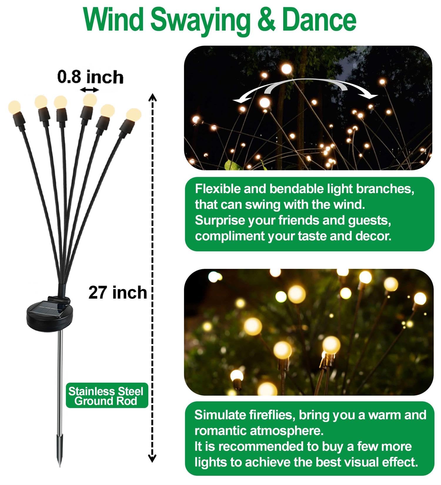 SIOTMERA 4-Pack Solar Powered Outdoor Lights - Waterproof IPX5, Wind-Resistant Firefly Garden Lights, Warm White LED Pathway Lighting for Yard, Lawn, Patio, and Christmas Decoration | Perfect for Landscape, Walkways, and Festive Ambiance