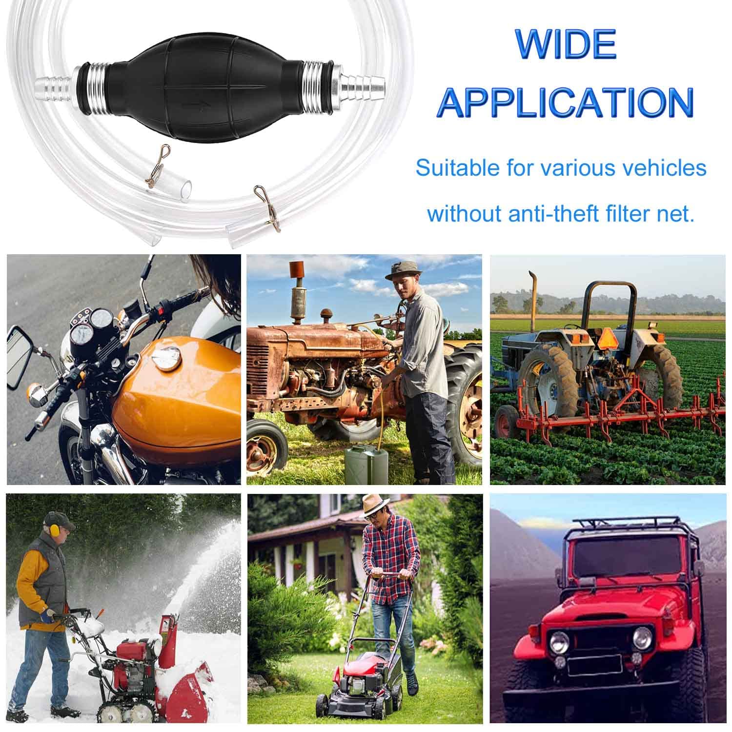 JONMON Gasoline Siphon Hose Pump - Portable Hand Fuel Transfer Pump with 2M PVC Hose & Metal Buckles - High Flow Manual Rubber Squeeze Bulb for Petrol, Diesel, Oil, Water - Ideal for Cars, Boats, Lawn Mowers & Emergency Fuel Transfer