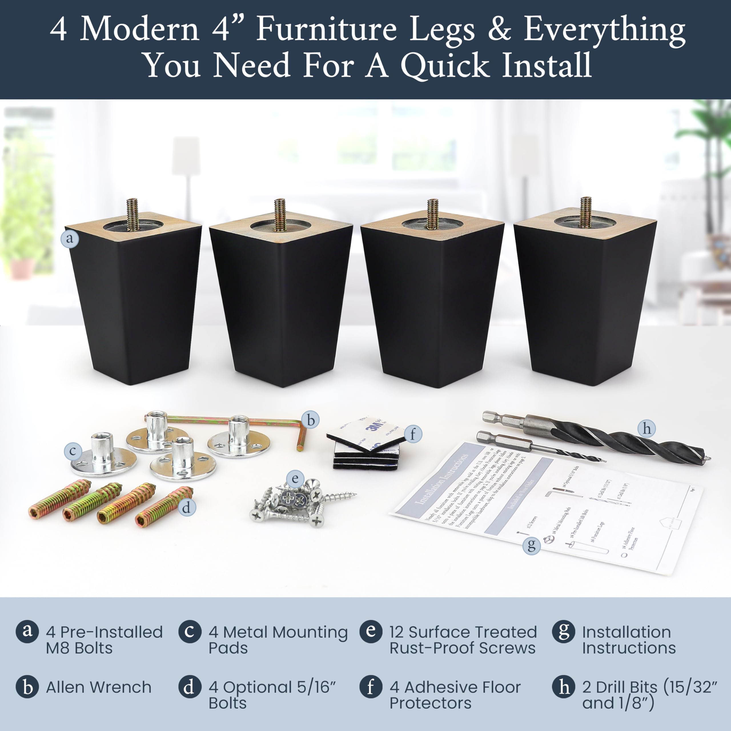 Black Square Furniture Legs Set of 4 - Adjustable Height, Multiple Size & Color Options - Perfect for Sofa, Table, Cabinet & DIY Furniture Projects