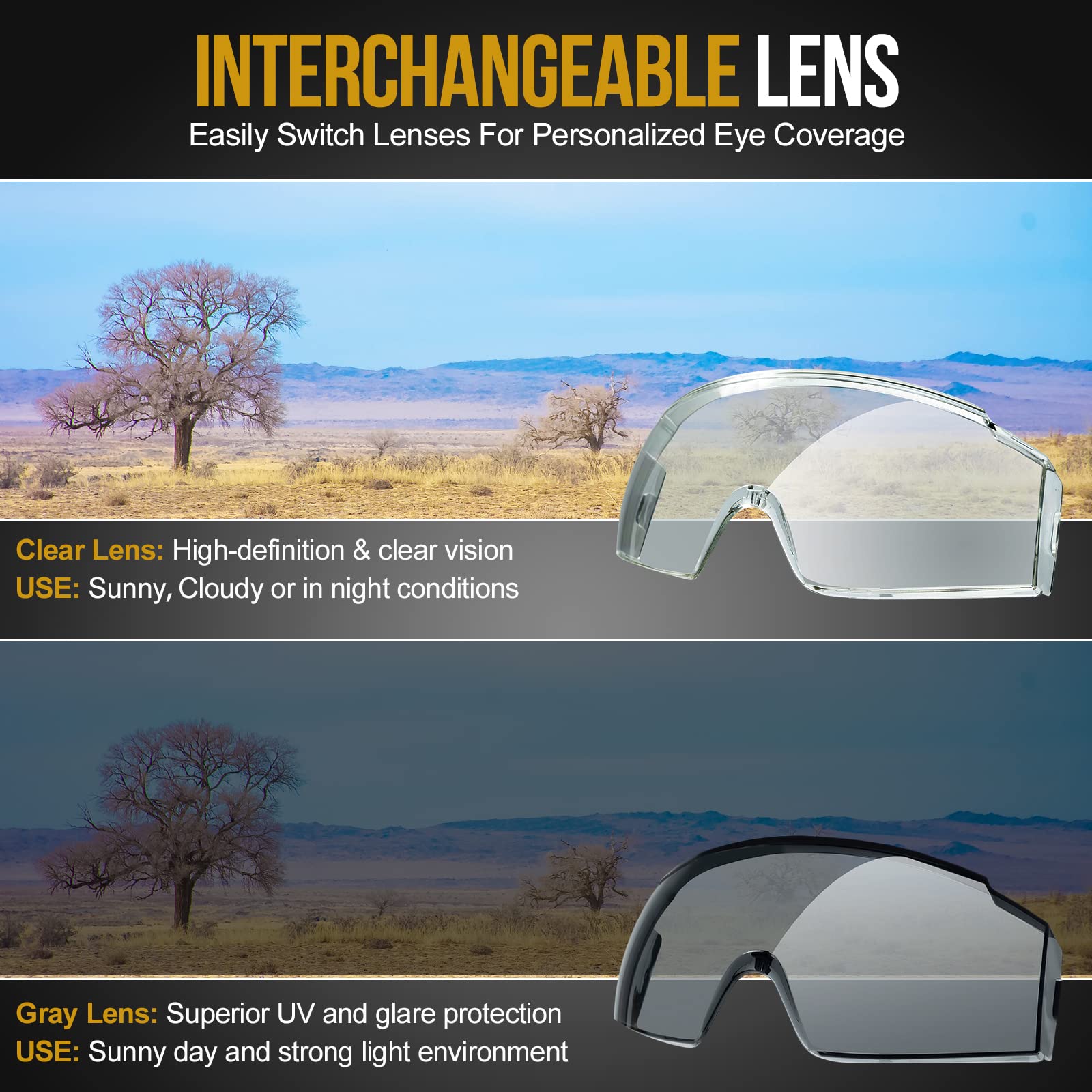 OneTigris Tactical Goggles Over Glasses - Anti Fog Safety Eyewear with Interchangeable Lenses for Shooting, Cycling & Outdoor Activities