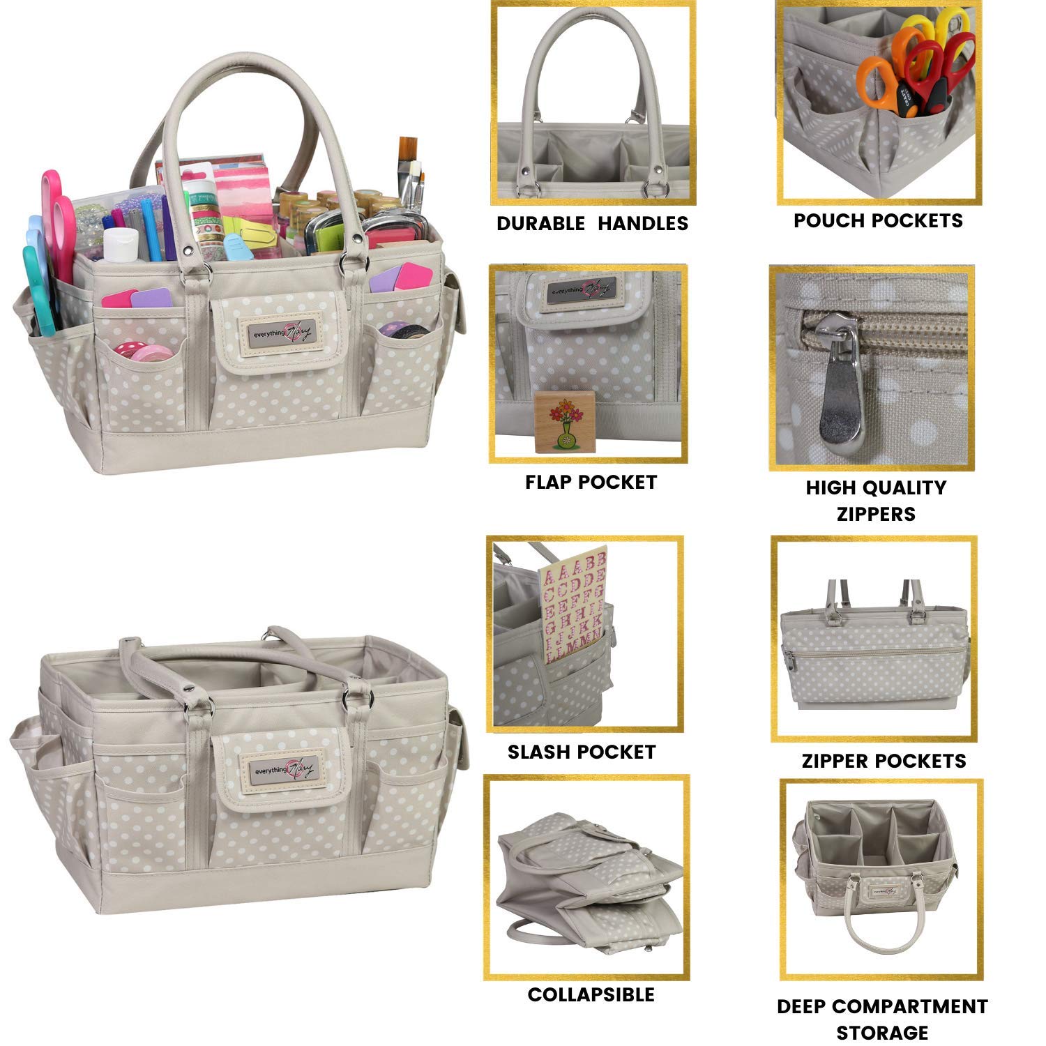 Everything Mary Craft Bag Organizer Tote - Tan Dot Storage Art Caddy for Sewing & Scrapbooking Supplies | Portable Craft Supply Carrier for Tools & Materials | Perfect for School Projects, Medical Kits & Office Organization | Great for Artists, DIY Enthusiasts & Professionals