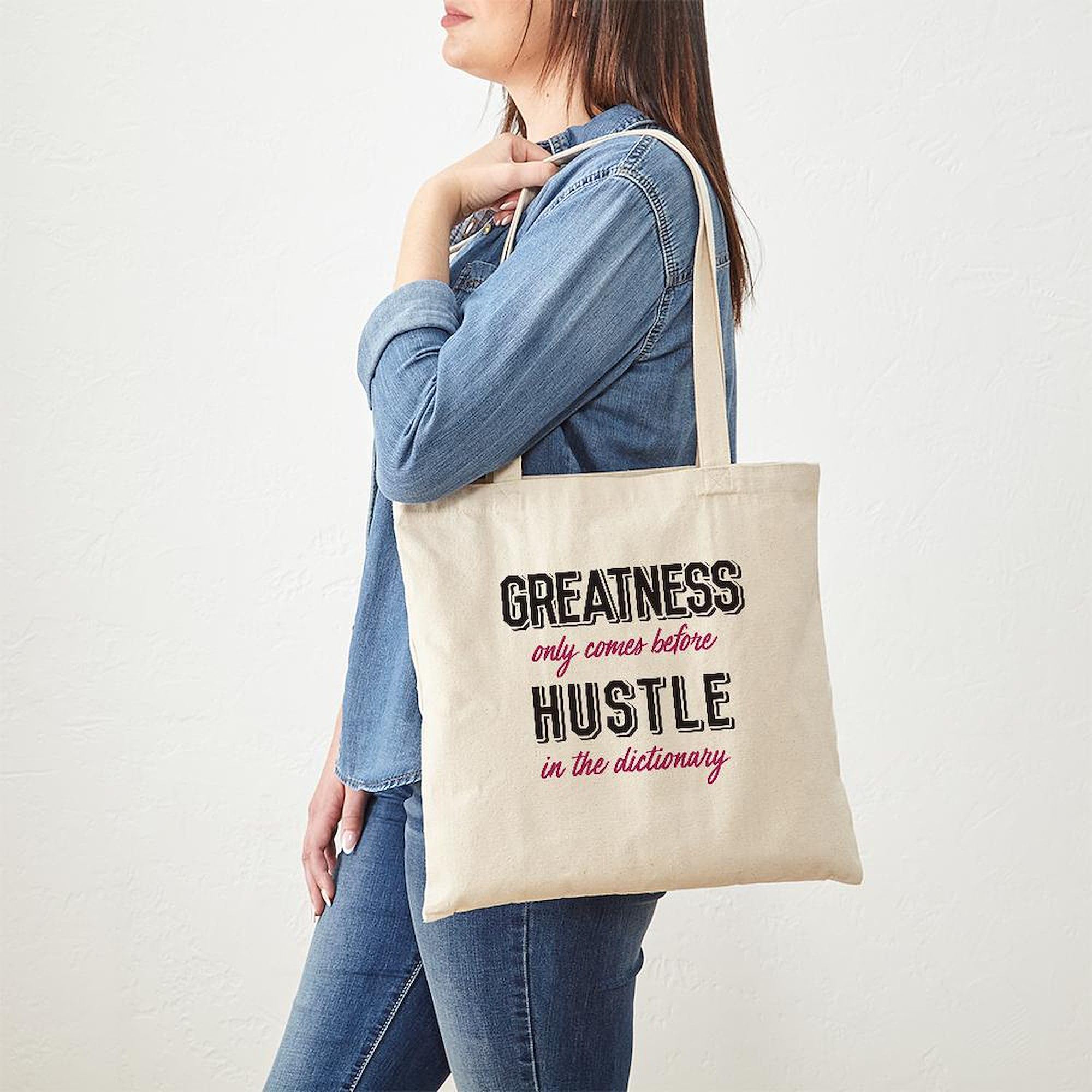 Greatness Comes Before Hustle Natural Canvas Tote Bag - Reusable Eco-Friendly Shopping Bag for Groceries, Beach, Work & Daily Use