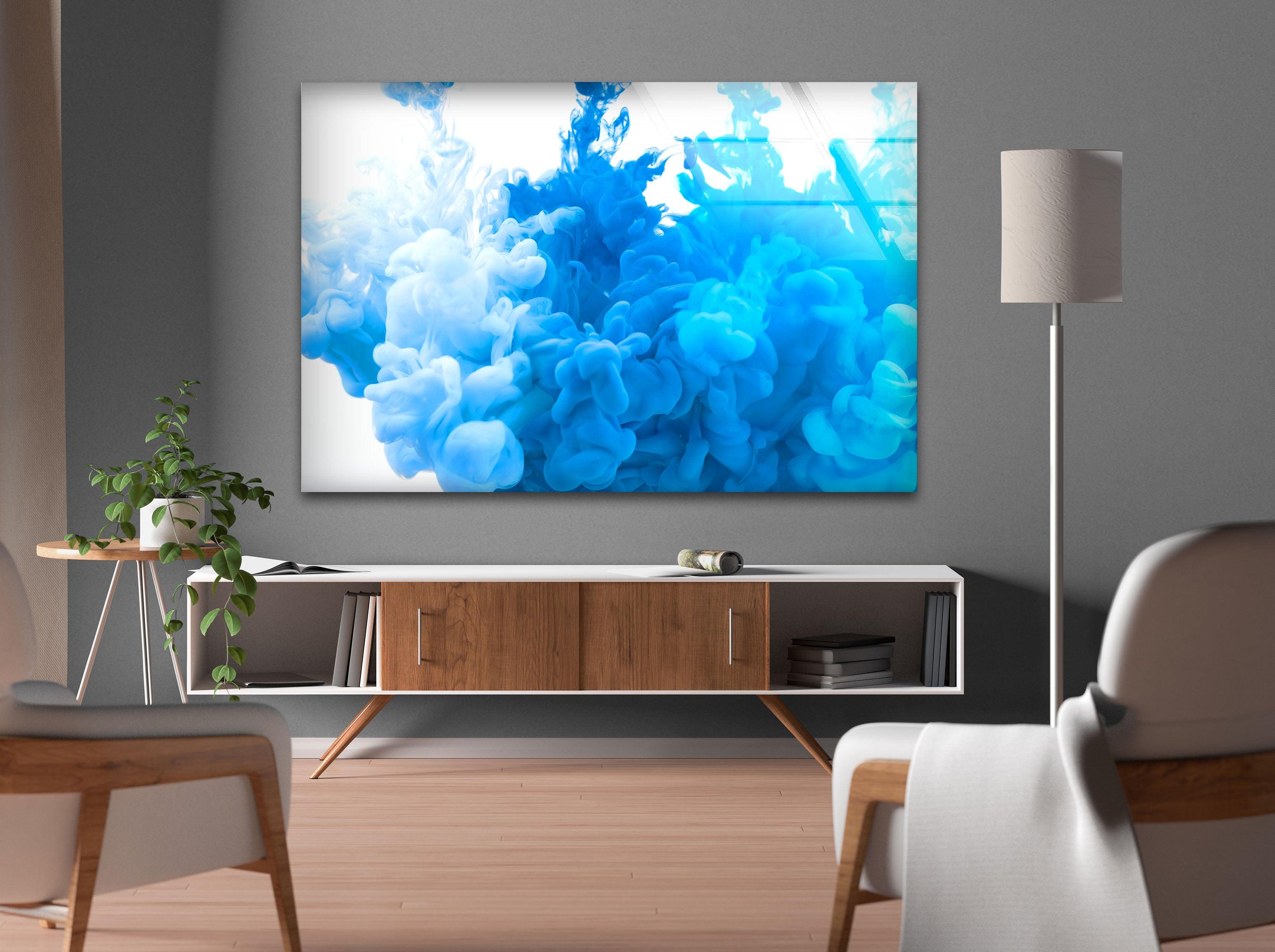 Blue and White Paint Splash Glass Wall Art - Modern Abstract Home Decor for Living Room, Bedroom, or Office - Perfect for Contemporary Interior Design