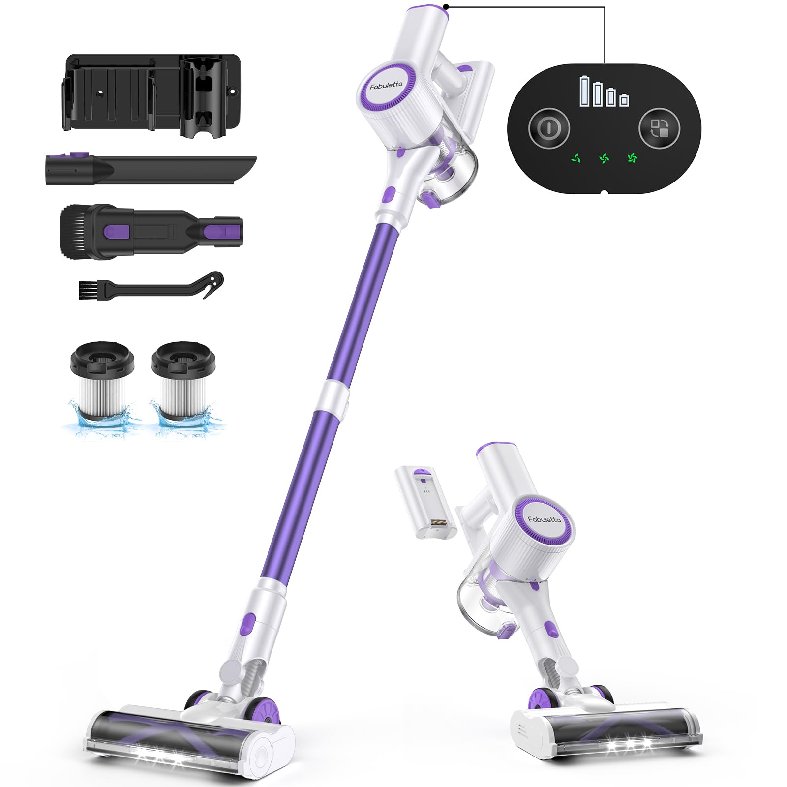 FABULETTA Cordless Stick Vacuum Cleaner - 30KPa Powerful Suction, 45Min Detachable Battery, 400W Brushless Motor, 6-in-1 Lightweight Design for Hardwood Floors & Carpet Pet Hair - White & Purple - Perfect for Home Cleaning & Pet Owners
