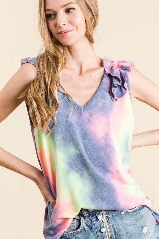 BiBi Tie Dye French Terry V-Neck Ruffle Top for Women | Soft Casual Blouse for Spring & Summer | Perfect for Beach Outings, Brunch Dates, and Weekend Wear