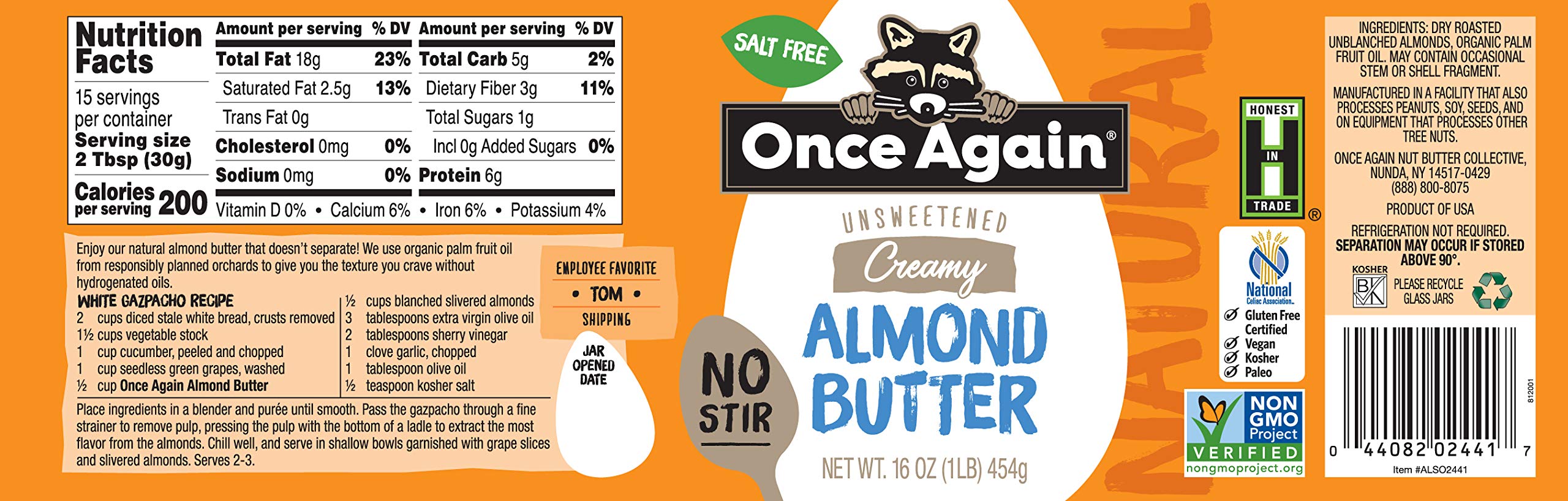 Once Again Natural Creamy Almond Butter, 16oz - No Stir, Salt Free, Unsweetened - Gluten Free, Peanut Free, Vegan, Kosher & Paleo Certified - Healthy Snack for Smoothies, Toast & Baking - Glass Jar
