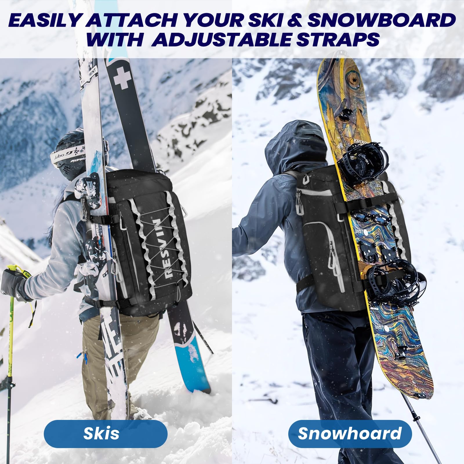**55L Waterproof Ski Boot Backpack - 1680D Nylon Travel Bag for Ski Helmet, Goggles, Gloves & Snowboard Accessories | Perfect for Ski Trips & Winter Sports Gear Storage**