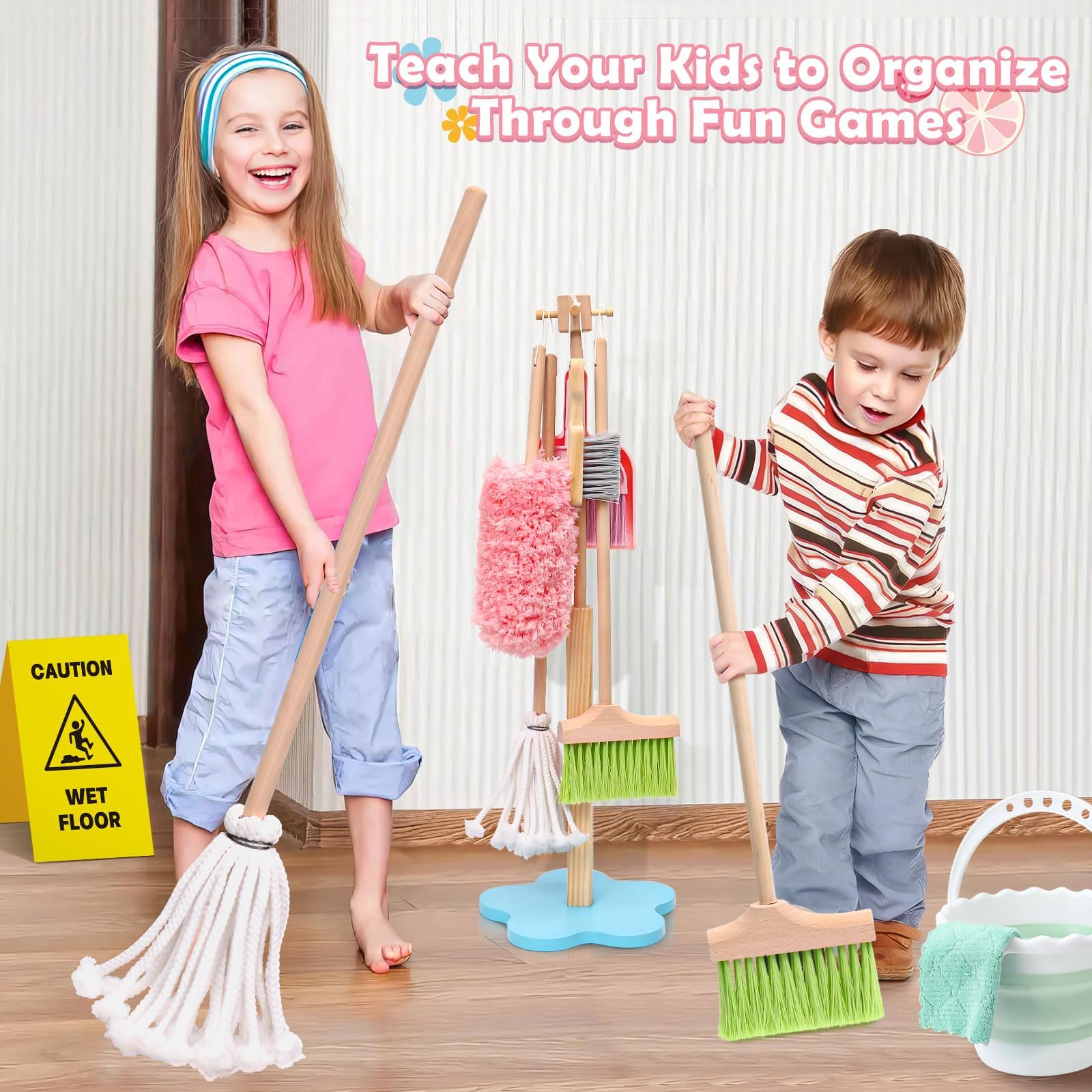 Wooden Kids Cleaning Toy Set - 12 Pcs Pretend Play Housekeeping Playset with Mop, Broom, Dustpan & Bucket - Montessori Learning Toys for Toddlers Age 3-6 - Perfect Gift for Boys & Girls - Encourages Role Play & Cleaning Skills Development