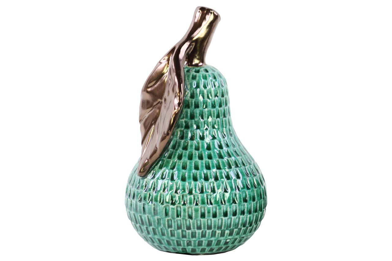 Large Turquoise Ceramic Pear with Copper Leaf Decoration - Perfect for Home Decor, Table Centerpiece, and Gift Giving