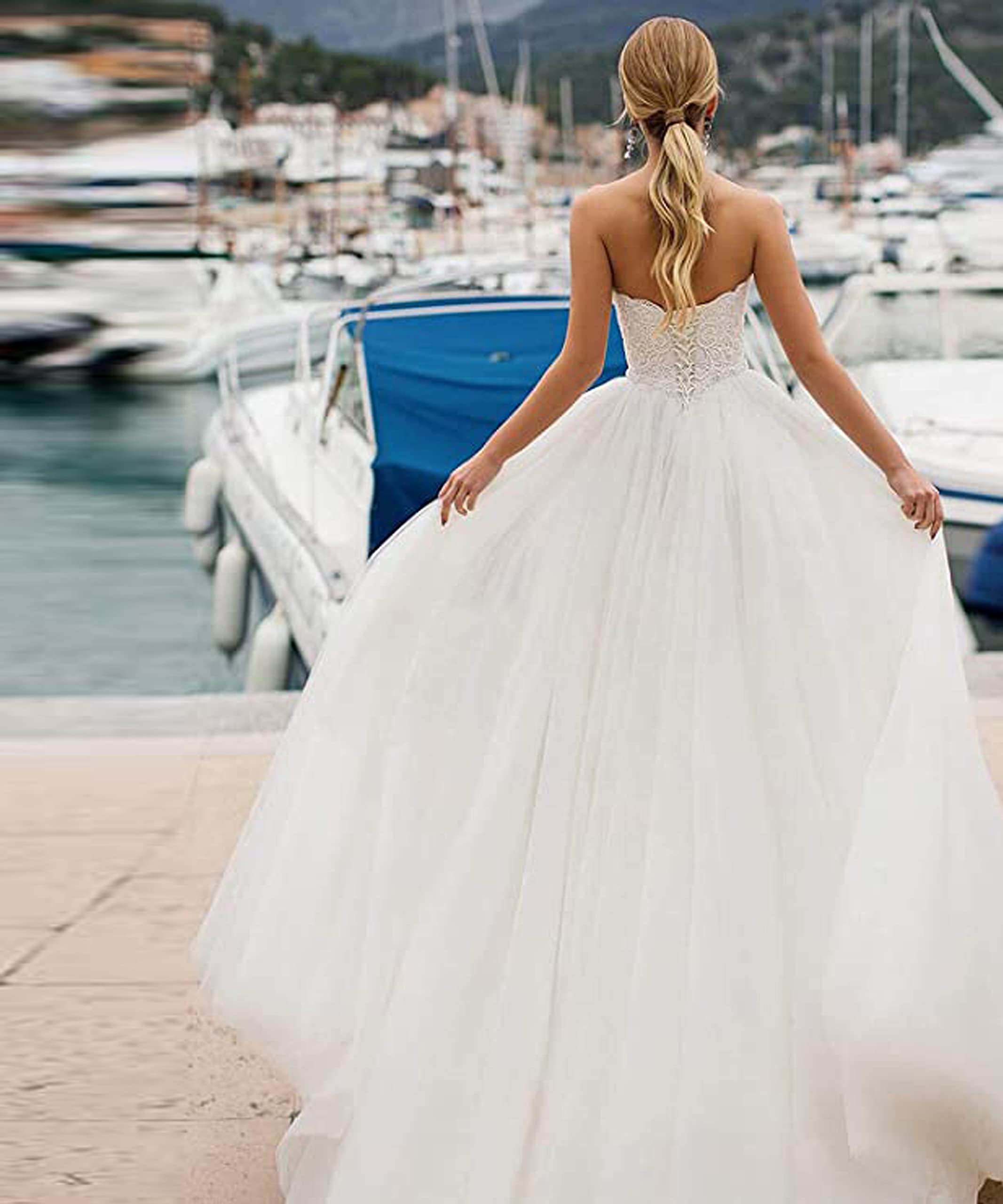 Elegant A-Line Lace Wedding Dress with Long Tulle Train - Off Shoulder Strapless Bridal Gown for Bride | Perfect for Beach, Church, and Formal Wedding Ceremonies