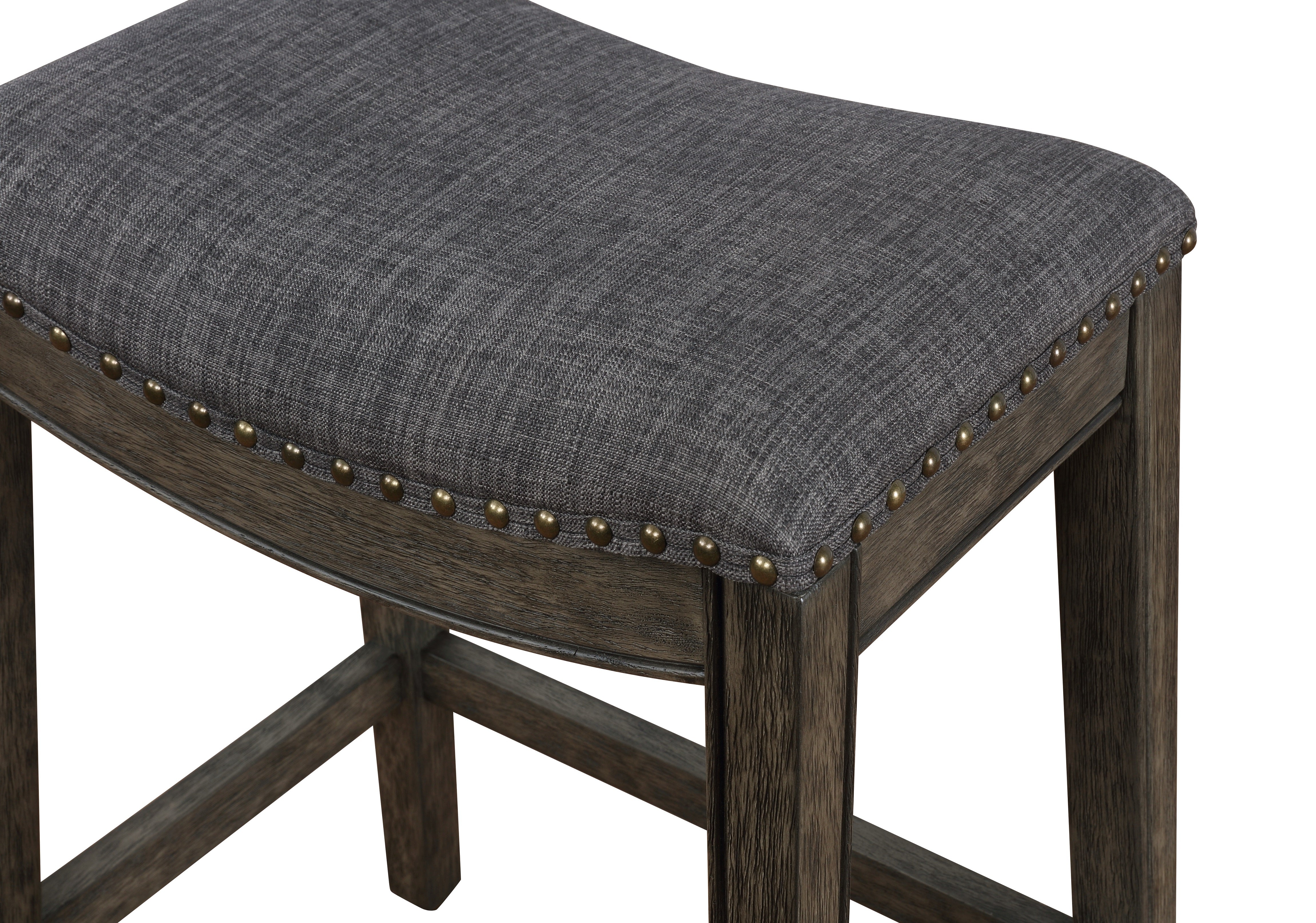 Roundhill Furniture Maroni Whitewash Finish Fabric Upholstery Nailhead Bar Stools - Set of 2 Gray Saddle Stools for Kitchen Island, Breakfast Bar & Home Decor
