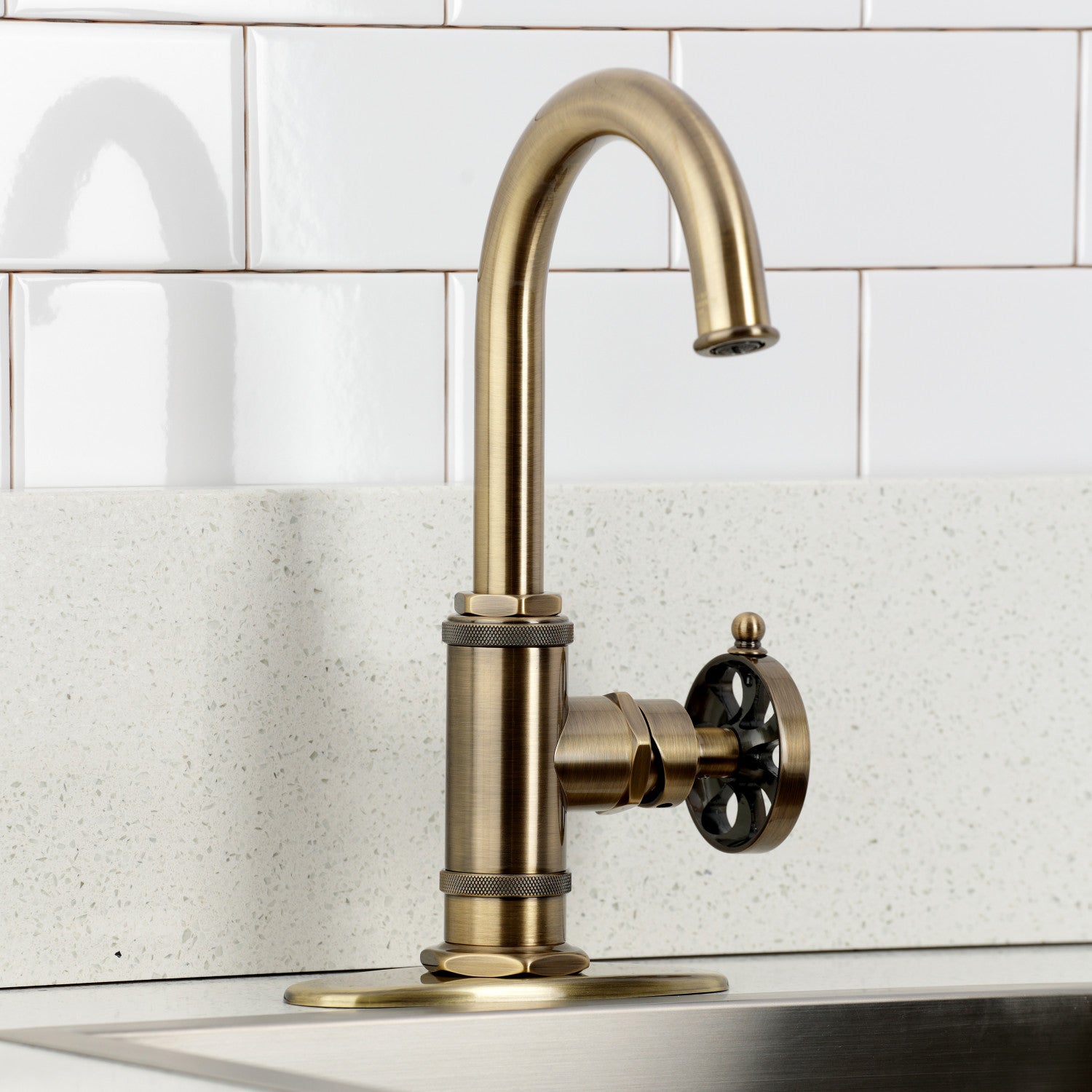 Belknap KSD8503RX Single Handle 1-Hole Deck Mount Bar Faucet in Antique Brass - Perfect for Kitchen Sinks, Wet Bars, and Outdoor Entertaining Areas