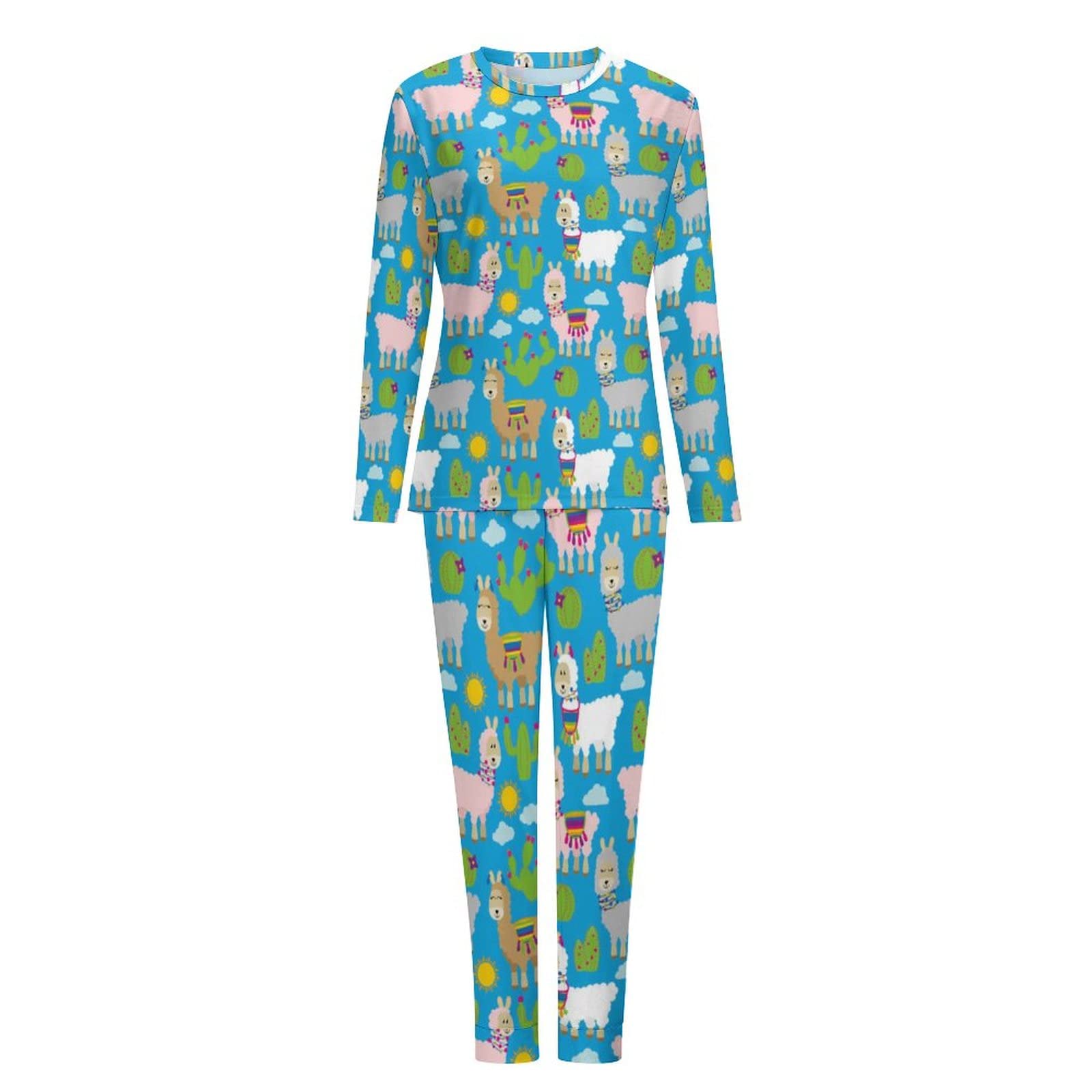Llama Cactus Print Women's Pajama Set - Soft Long Sleeve Sleepwear & Lounge Outfit (XS) - Cozy Nightwear for Home Relaxation & Sleep