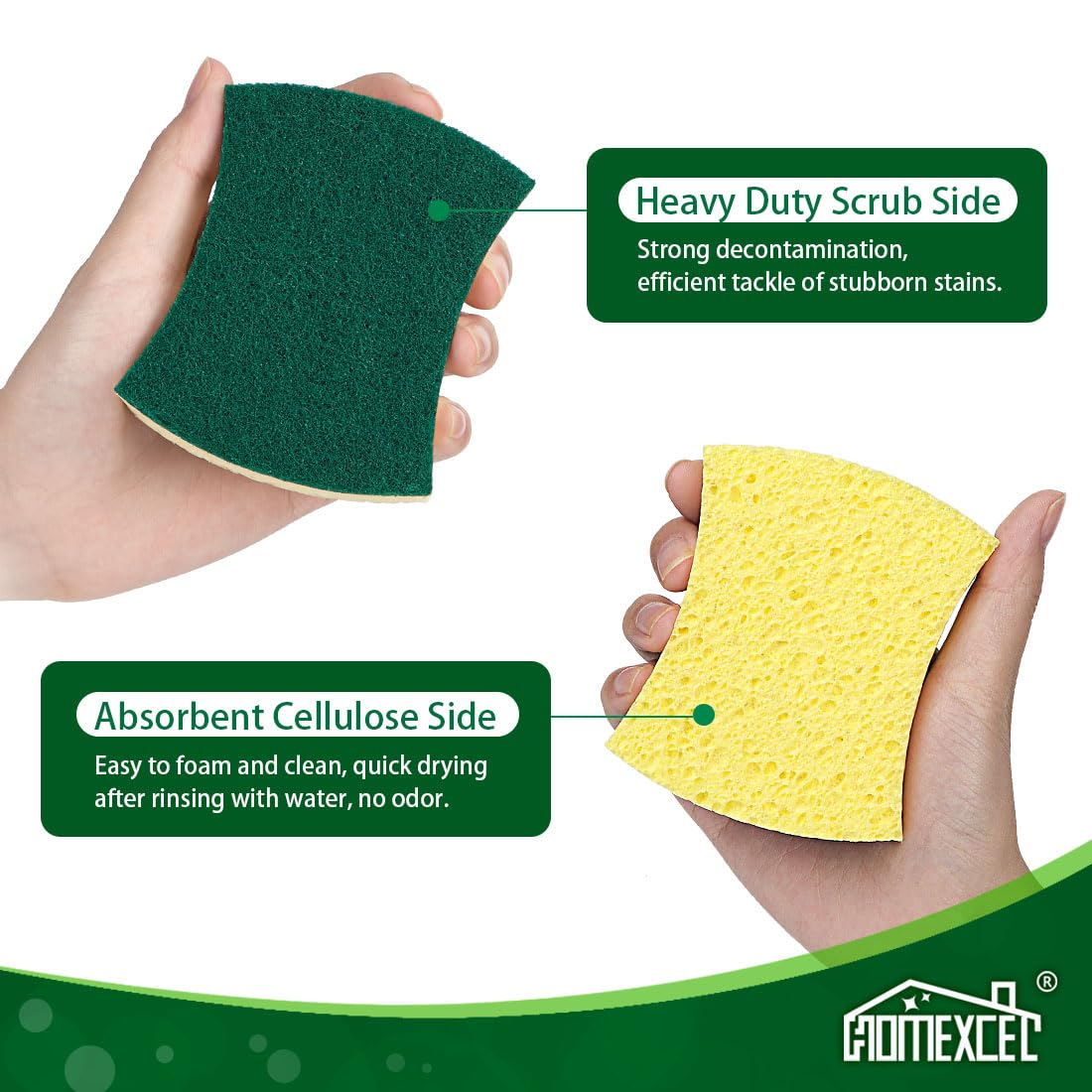 HOMEXCEL Heavy Duty Scrub Sponges 24 Pack - Dual Sided Cellulose Kitchen Sponges for Washing Dishes, Pots & Pans - Effective Cleaning Sponges for Kitchen, Sink & Countertop - Dish Sponges for Daily Cleaning & Tough Stains