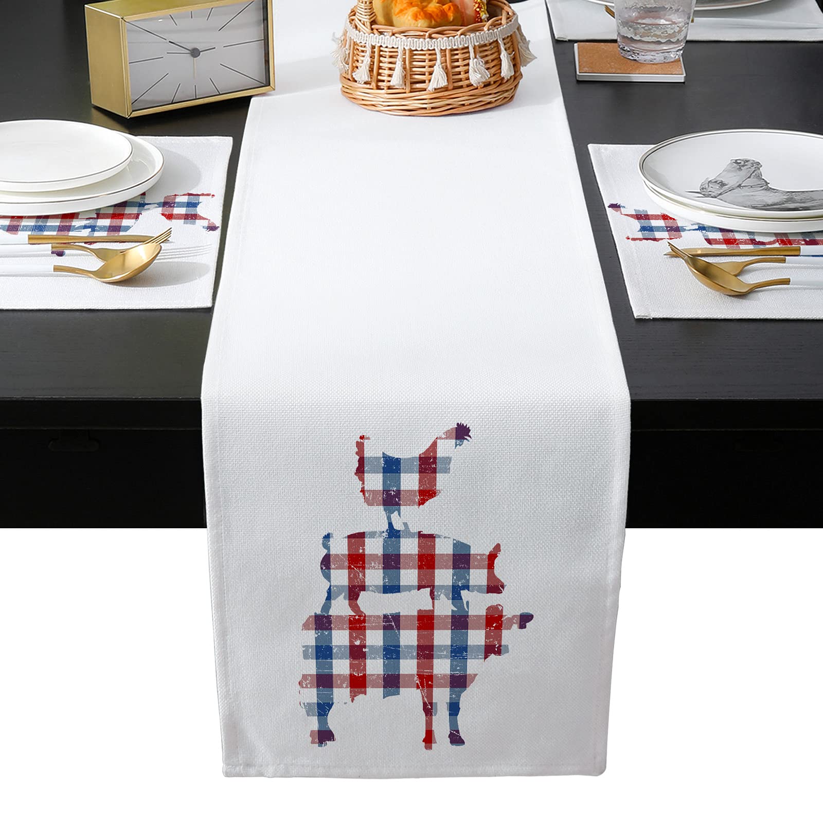 OneHoney 4-Piece Washable Table Runner Set with Placemats - Farm Animal Design (Rooster, Pig, Cow) in Patriotic Blue & Red Gingham Plaid - Perfect for Independence Day, Kitchen Dining, Party Decor, and Dresser Scarves