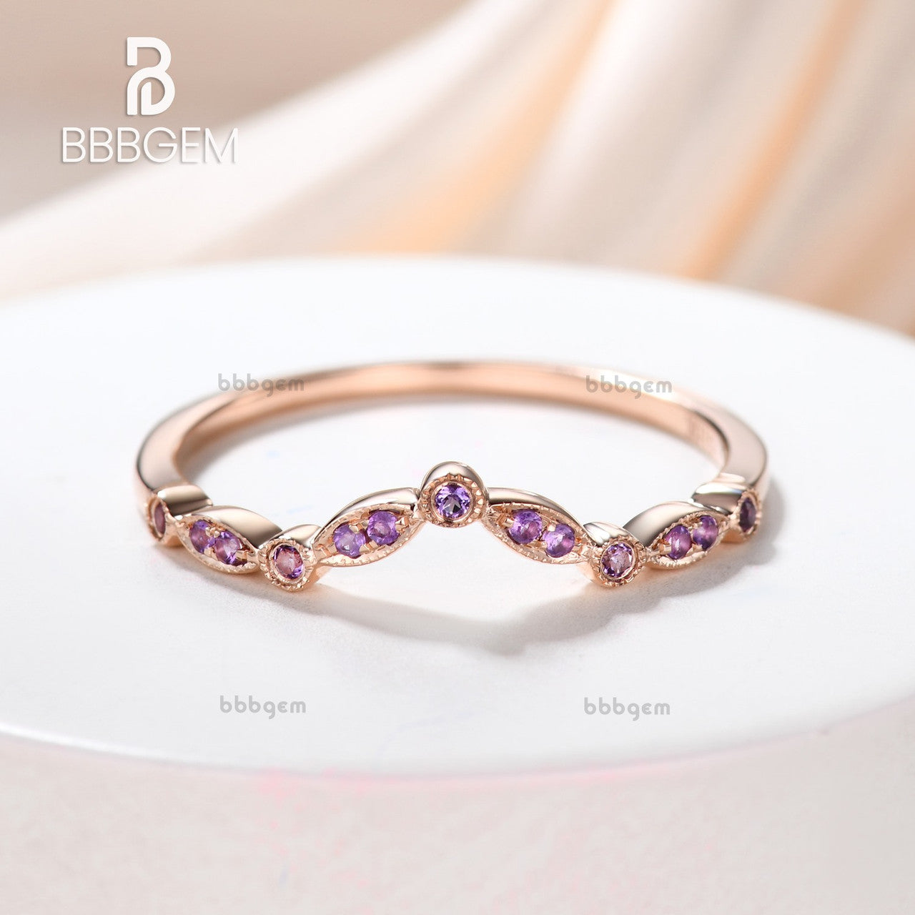 14K Rose Gold Milgrain Marquise Curve V Amethyst Wedding Band – Elegant Bridal Ring for Women, Perfect for Engagement, Anniversary & Special Occasions