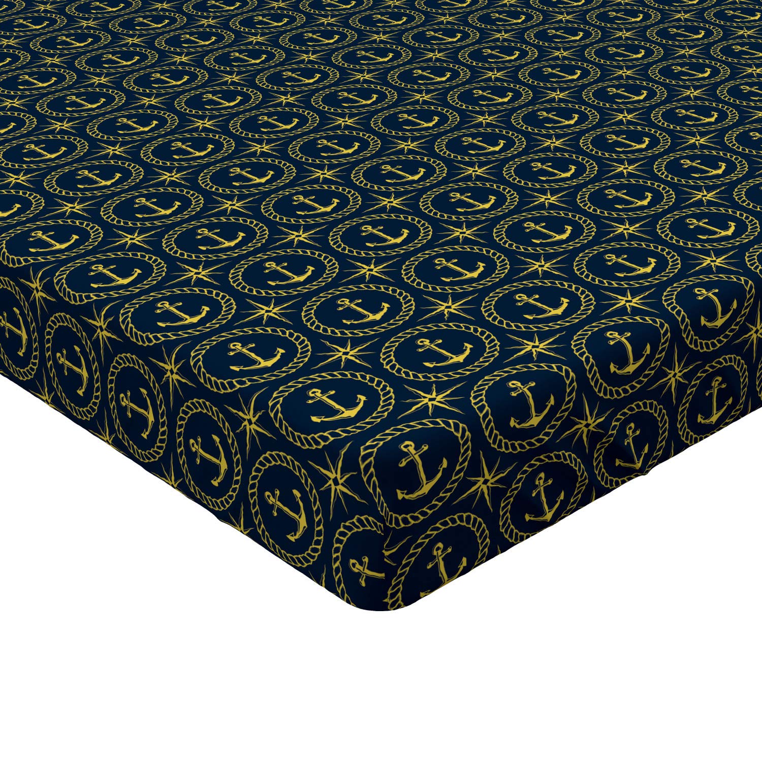 Ambesonne Anchor Fitted Sheet - Abstract Cruise Ship & Windrose Nautical Pattern - Deep Pocket Elastic Bed Cover for Twin Size (Indigo/Yellow) - Perfect for Cruise Lovers, Nautical Themed Bedrooms & Travel Enthusiasts