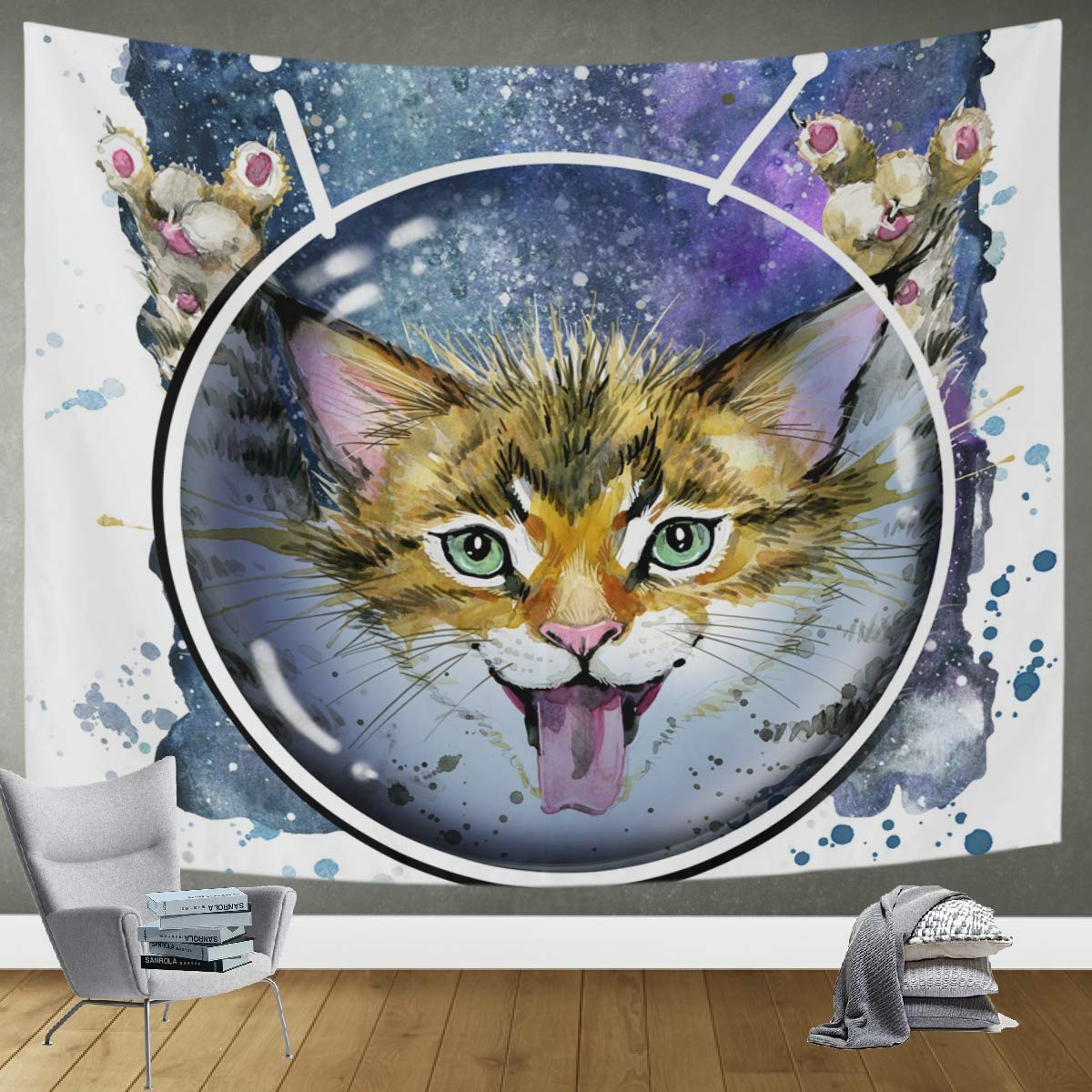 Cute Cat Space Watercolor Wall Hanging Tapestry - 60x51in Trippy Boho Wall Art for Bedroom, Living Room & Office Decor | Perfect for Hippie Aesthetic, Dorm Room & Meditation Space